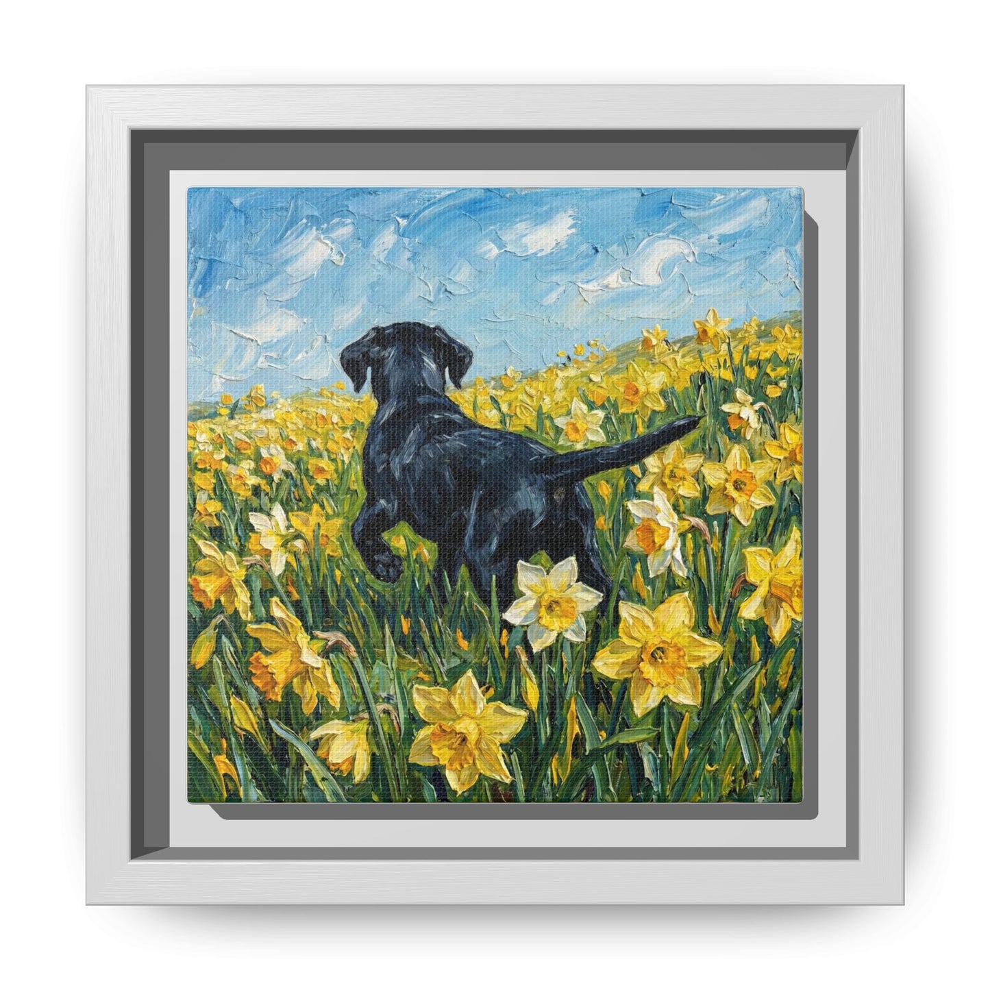 "Amongst The Flowers - Black Labrador" Framed Canvas Wall Art