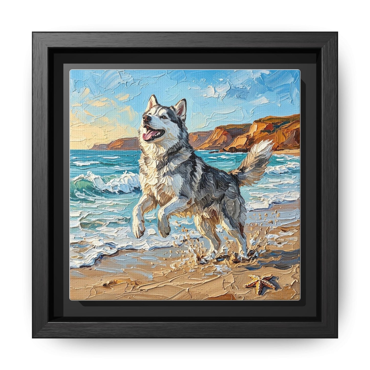 "Beach Day - Husky" Framed Canvas Wall Art