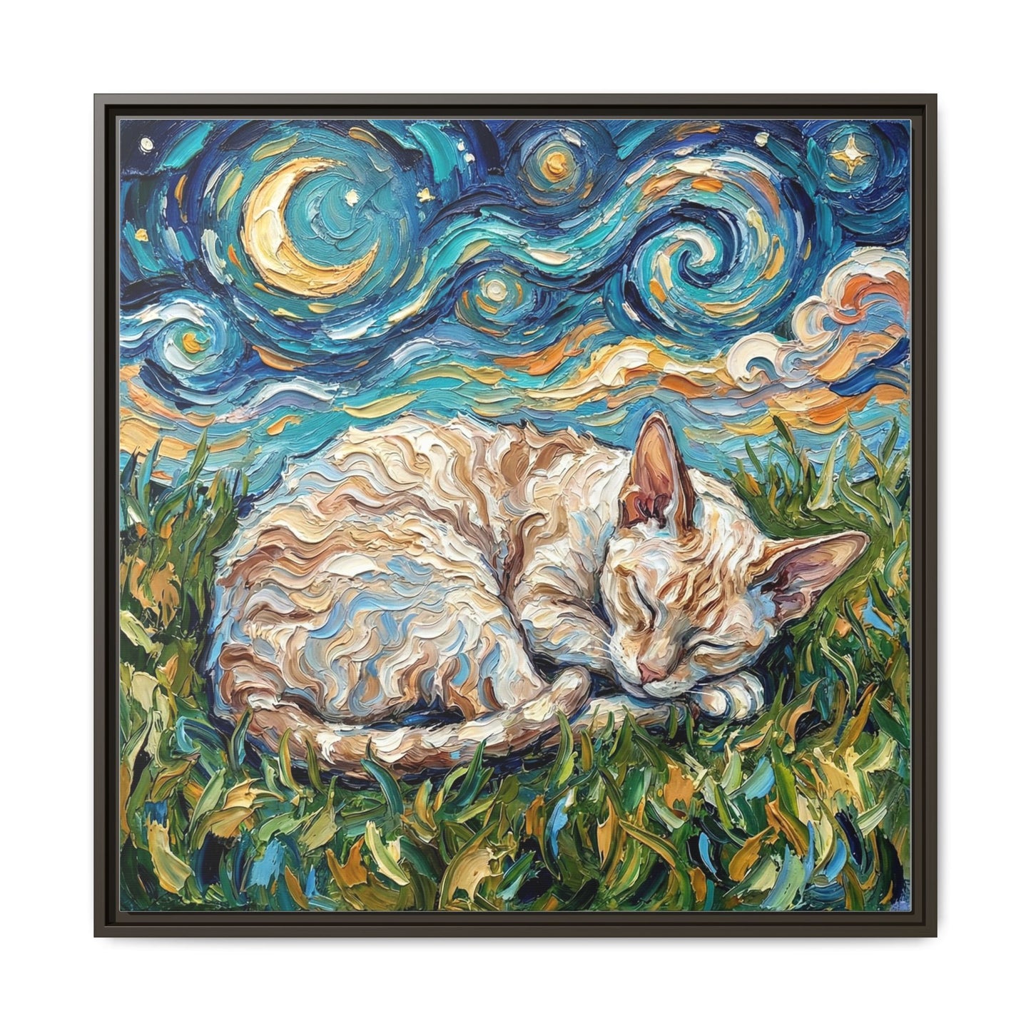"Sleepy Cornish Rex Night" Framed Canvas Wall Art