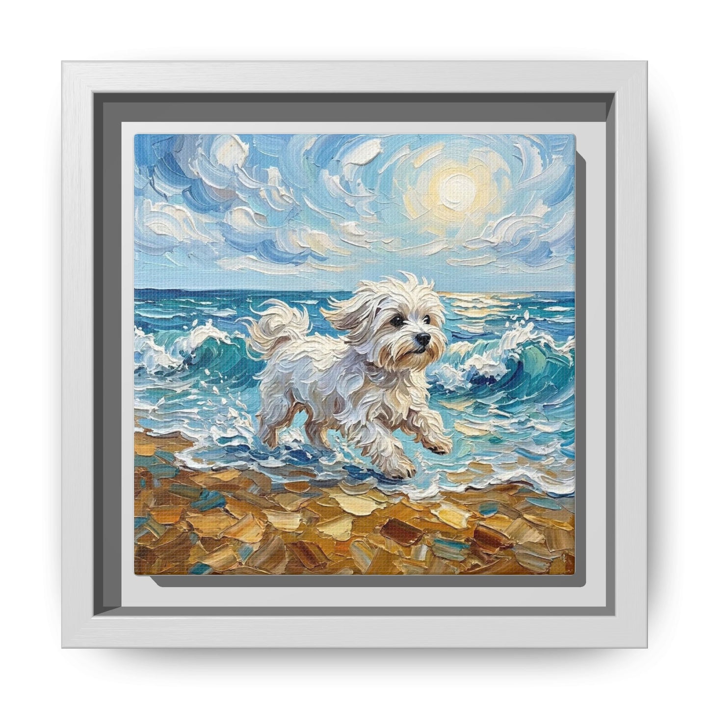 "Beach Day - Maltese" Framed Canvas Wall Art