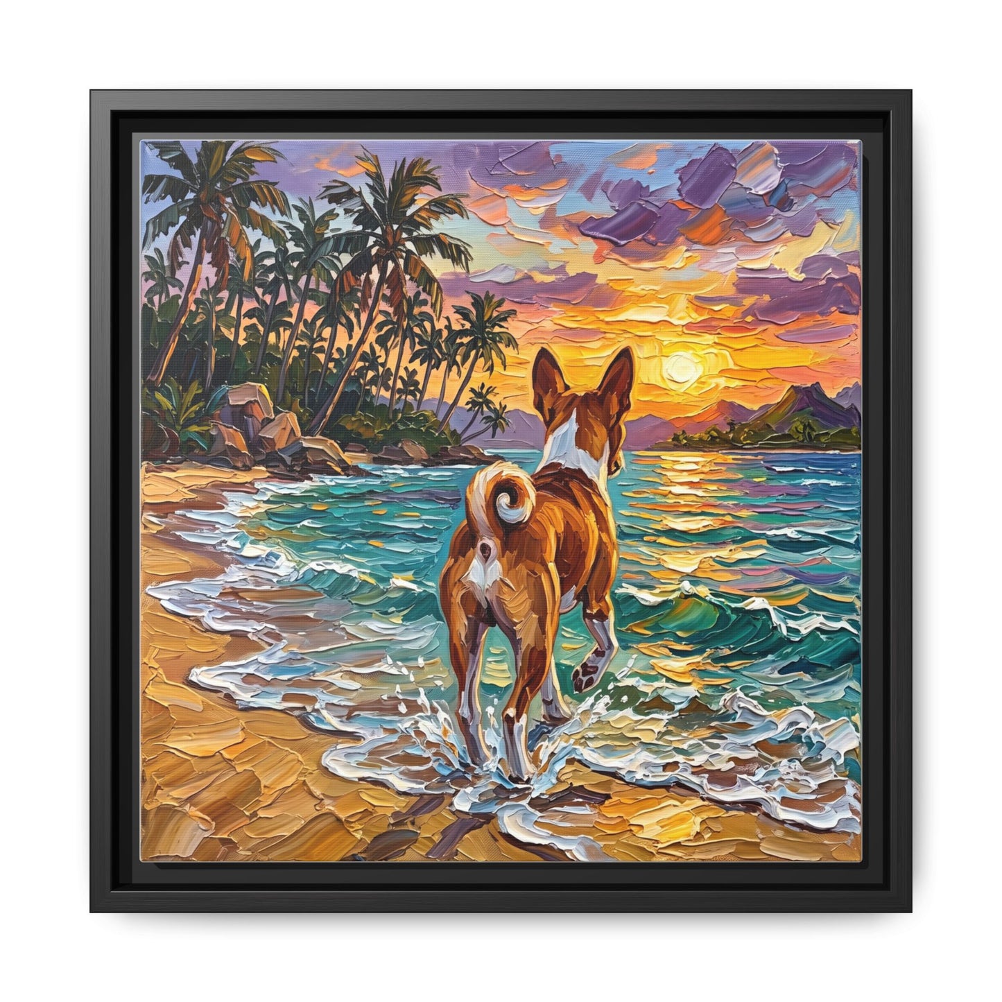 "Beach Day - Basenji" Framed Canvas Wall Art