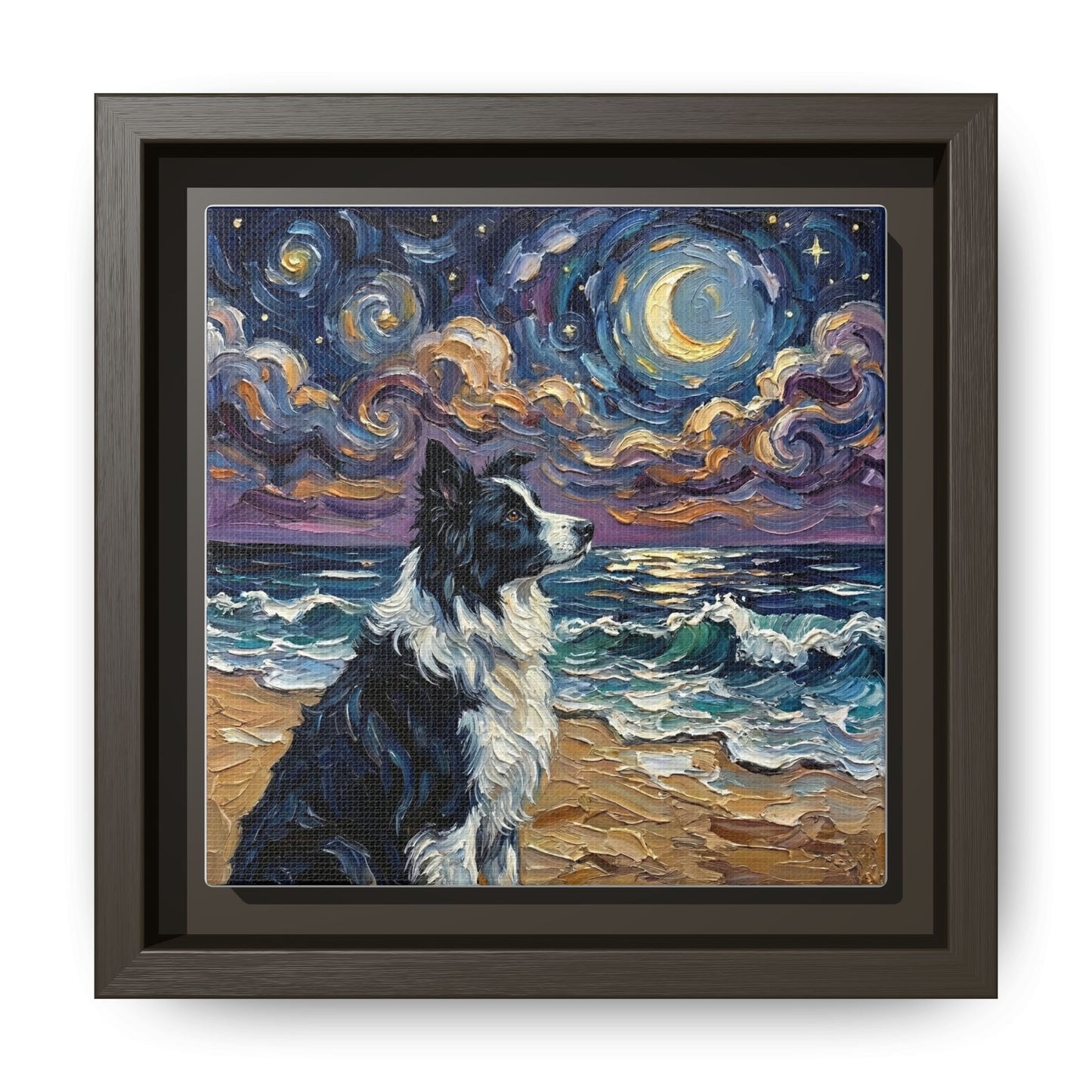 "Beach Night - Border Collie" Framed Canvas Wall Art