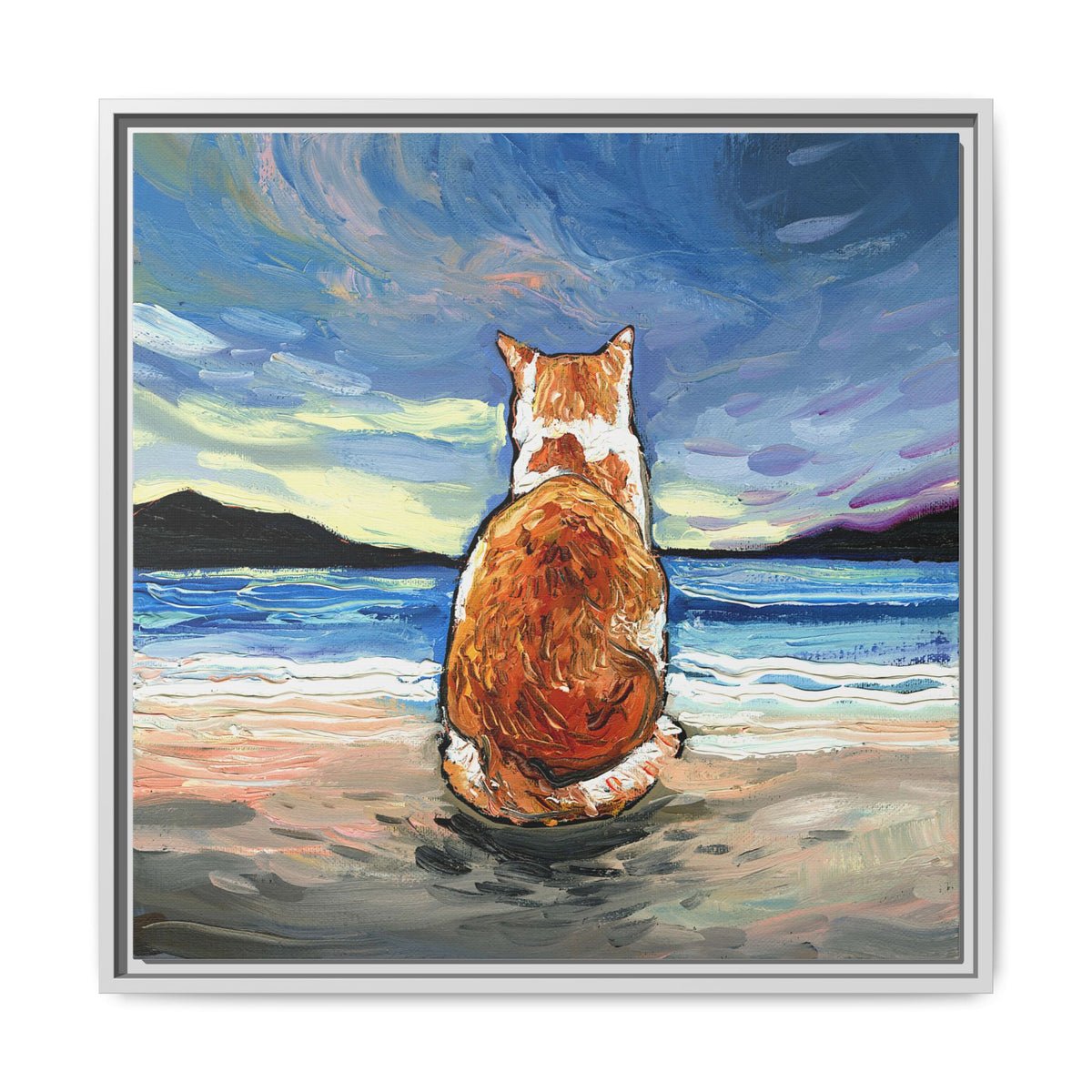 "Beach Day - Orange and White Tabby Cat" Framed Canvas Wall Art