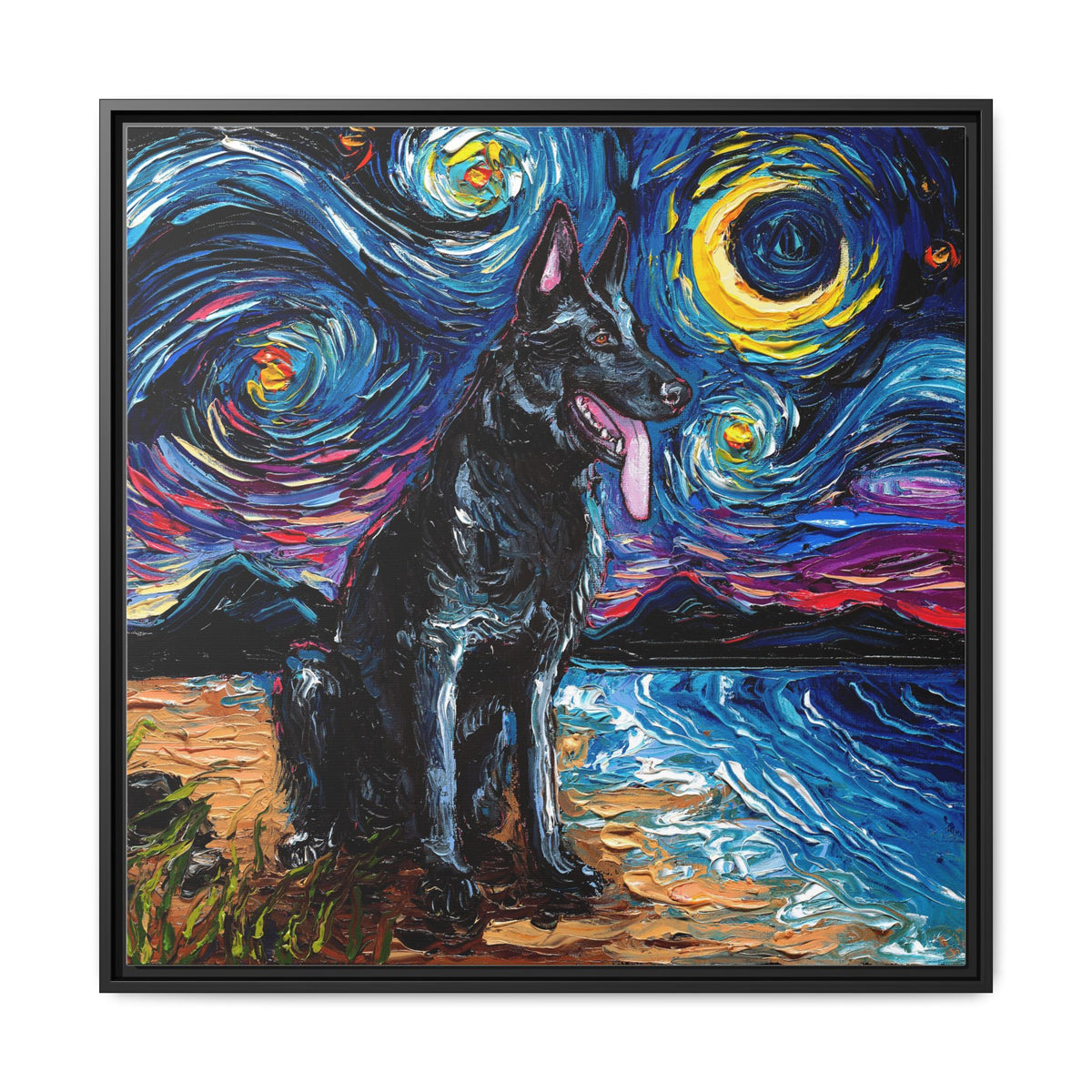 "Black German Shepherd Night" Framed Canvas Wall Art