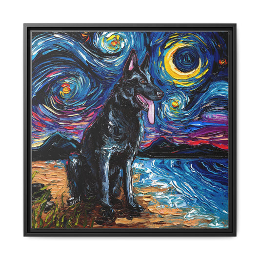 "Black German Shepherd Night" Framed Canvas Wall Art