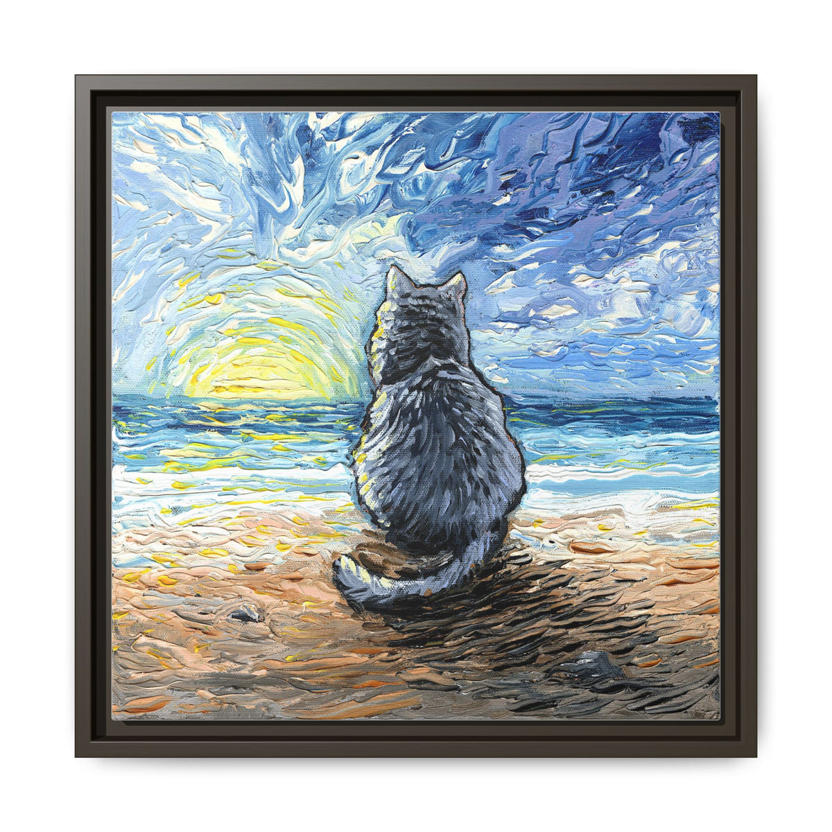 "Beach Day - Nebelung Cat" Framed Canvas Wall Art