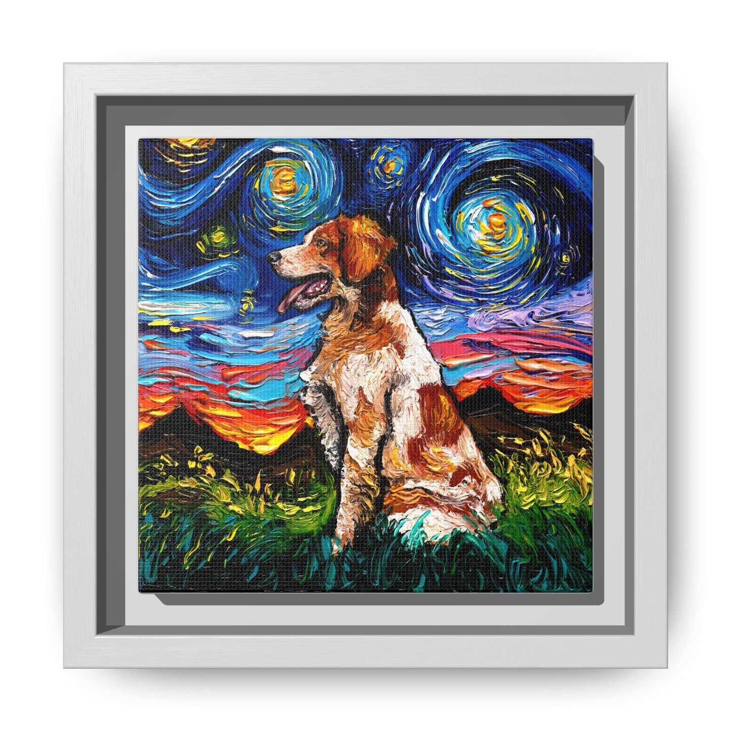 "Brittany Spaniel Night" Framed Canvas Wall Art
