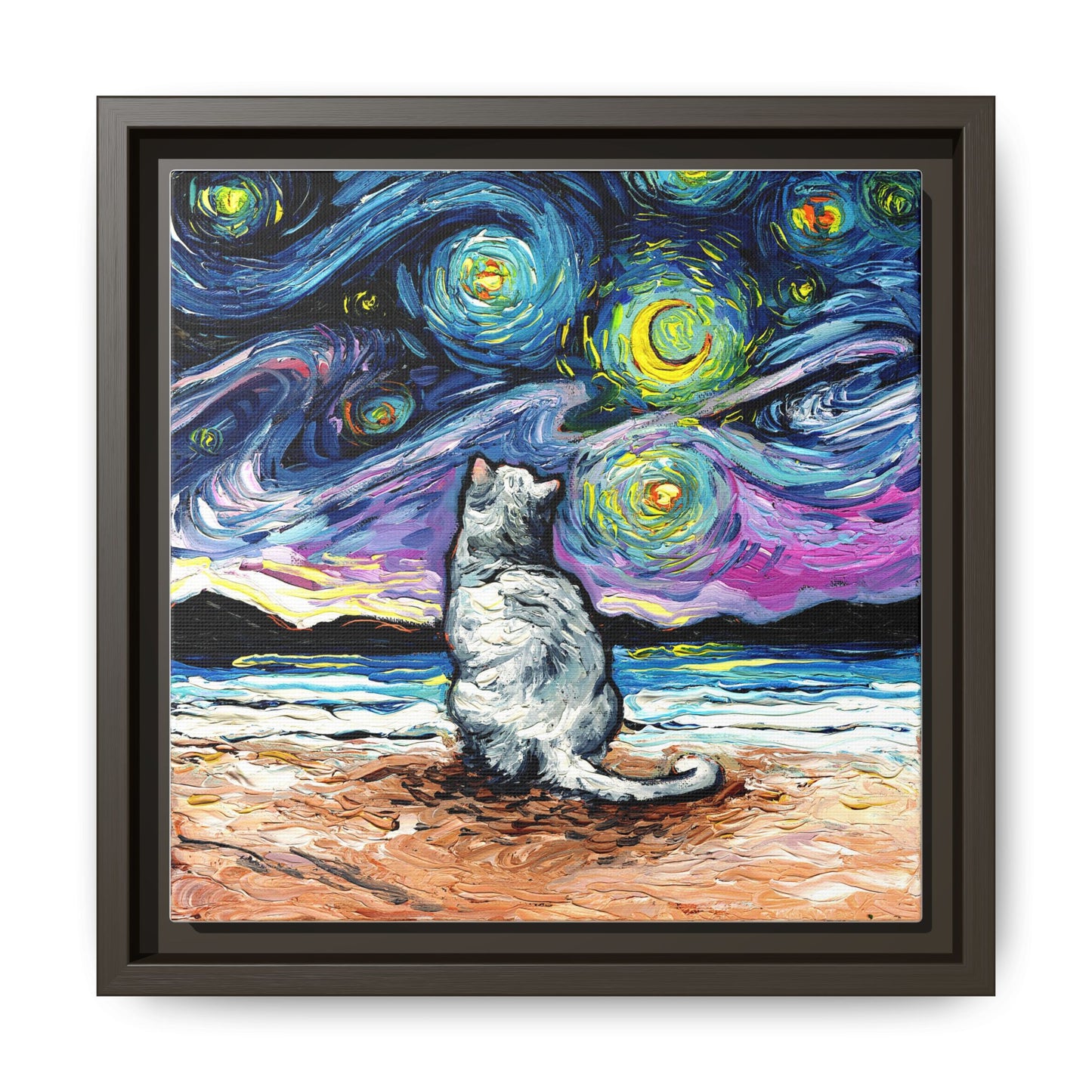 "White Cat Night 2" Framed Canvas Wall Art