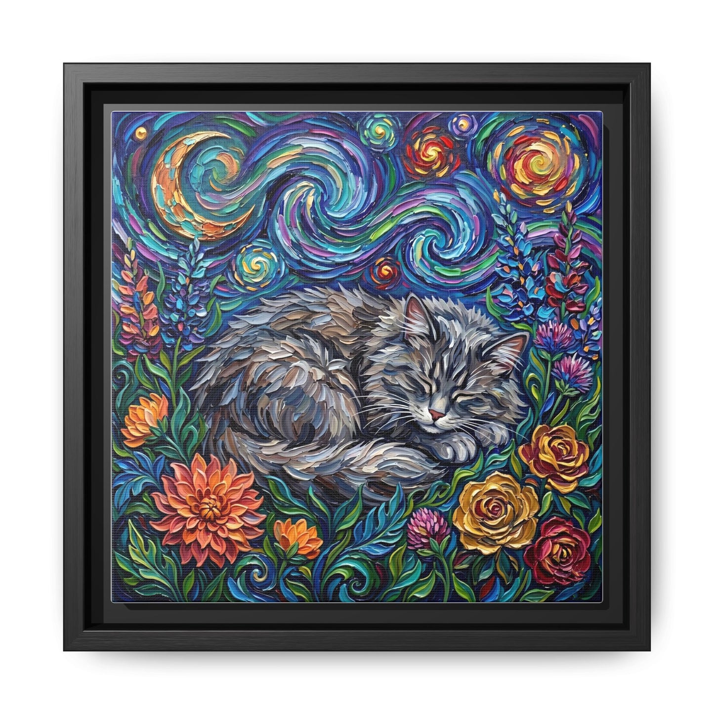"Amongst The Flowers - Gray Domestic Long Haired Cat" Framed Canvas Wall Art