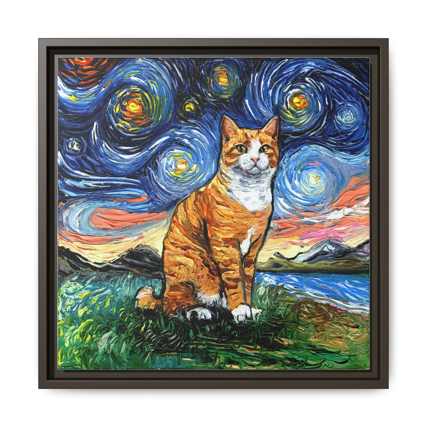 "Orange Tuxedo Tabby Night" Framed Canvas Wall Art
