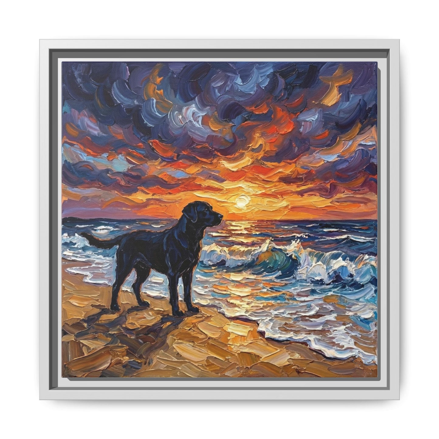 "Beach Sunset - Black Labrador" Framed Canvas Wall Art