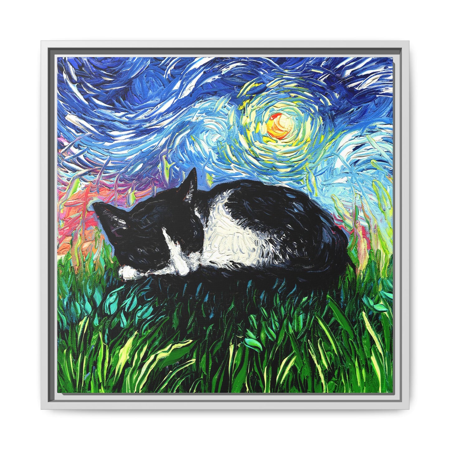 "Sleepy Tuxedo Kitten" Framed Canvas Wall Art