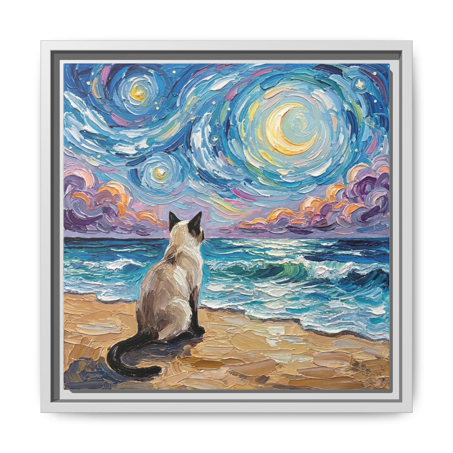 "Beach Night - Siamese Cat" Framed Canvas Wall Art