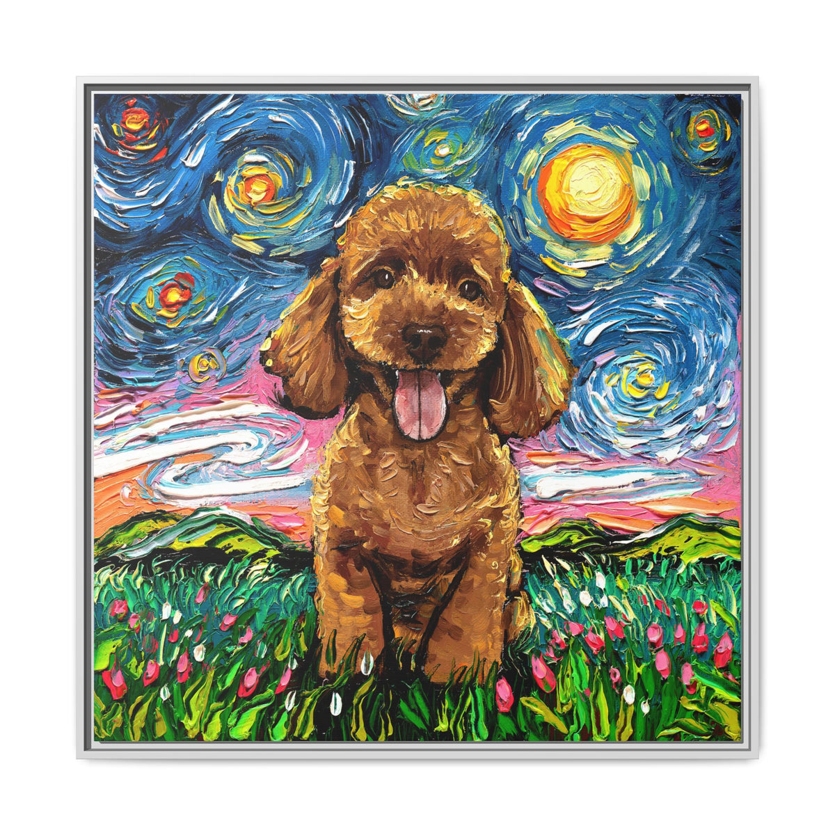 "Apricot Poodle Puppy Night" Framed Canvas Wall Art
