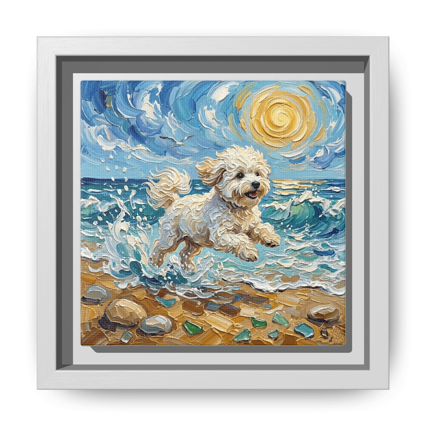 "Beach Day - Bichon Frise" Framed Canvas Wall Art