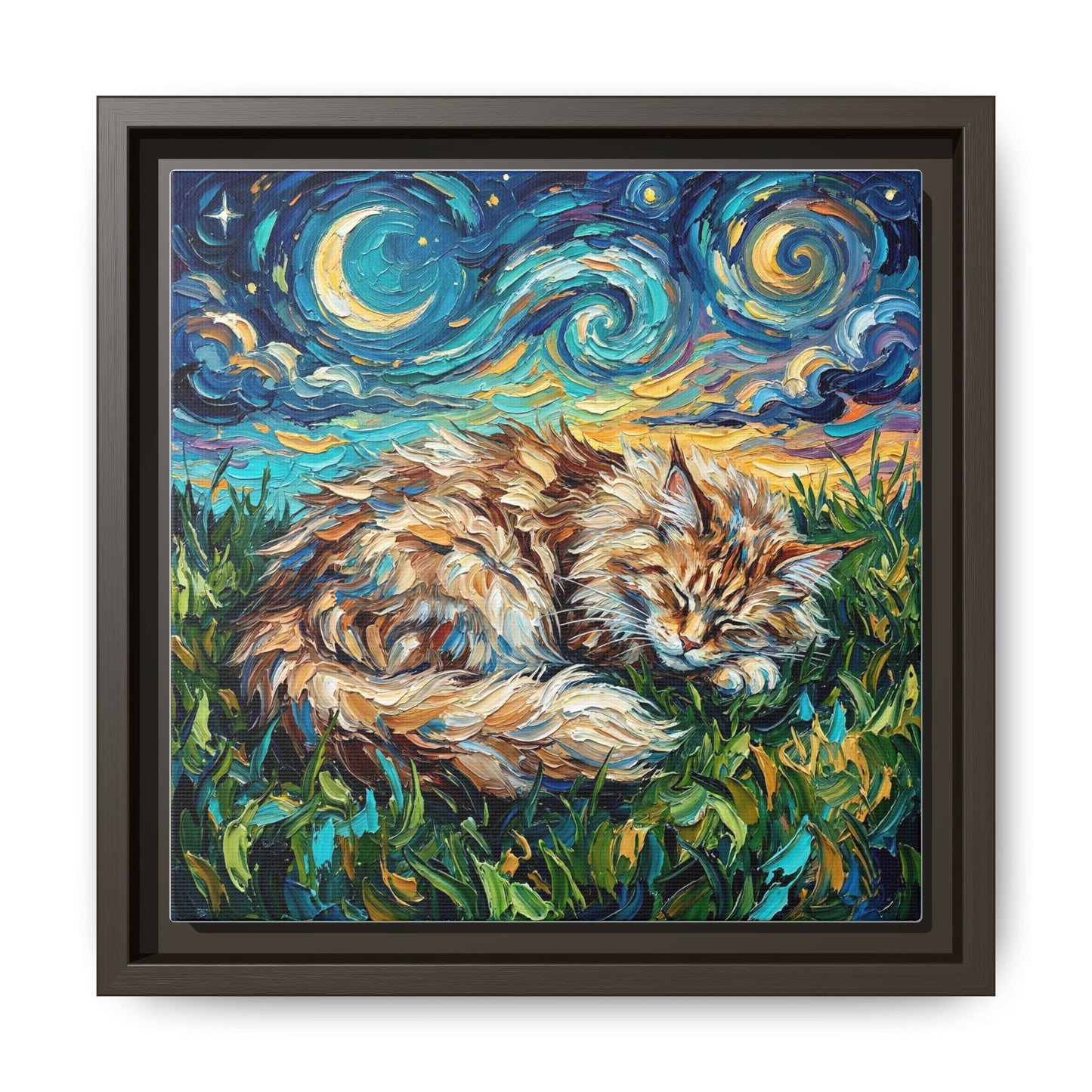 "Sleepy Maine Coon Night" Framed Canvas Wall Art