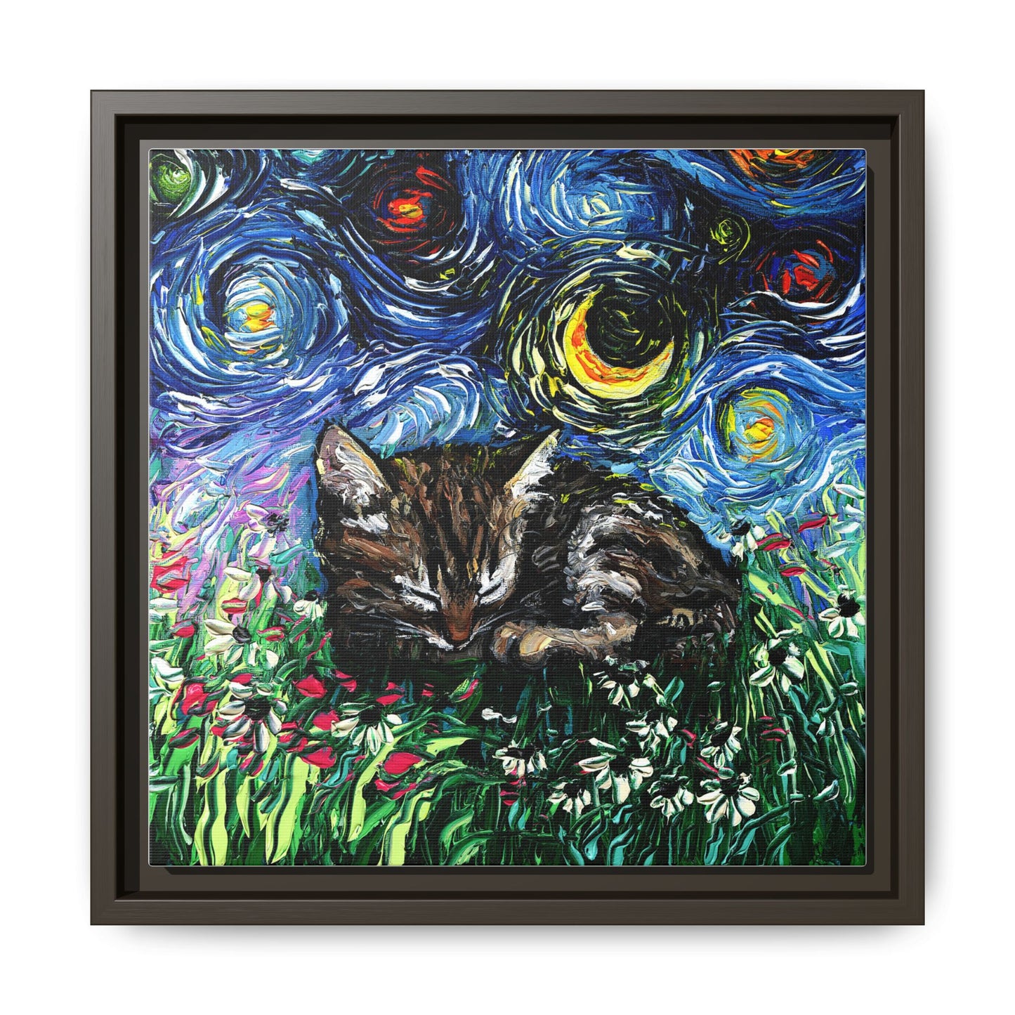 "Sleepy Tabby Kitten Night" Framed Canvas Wall Art