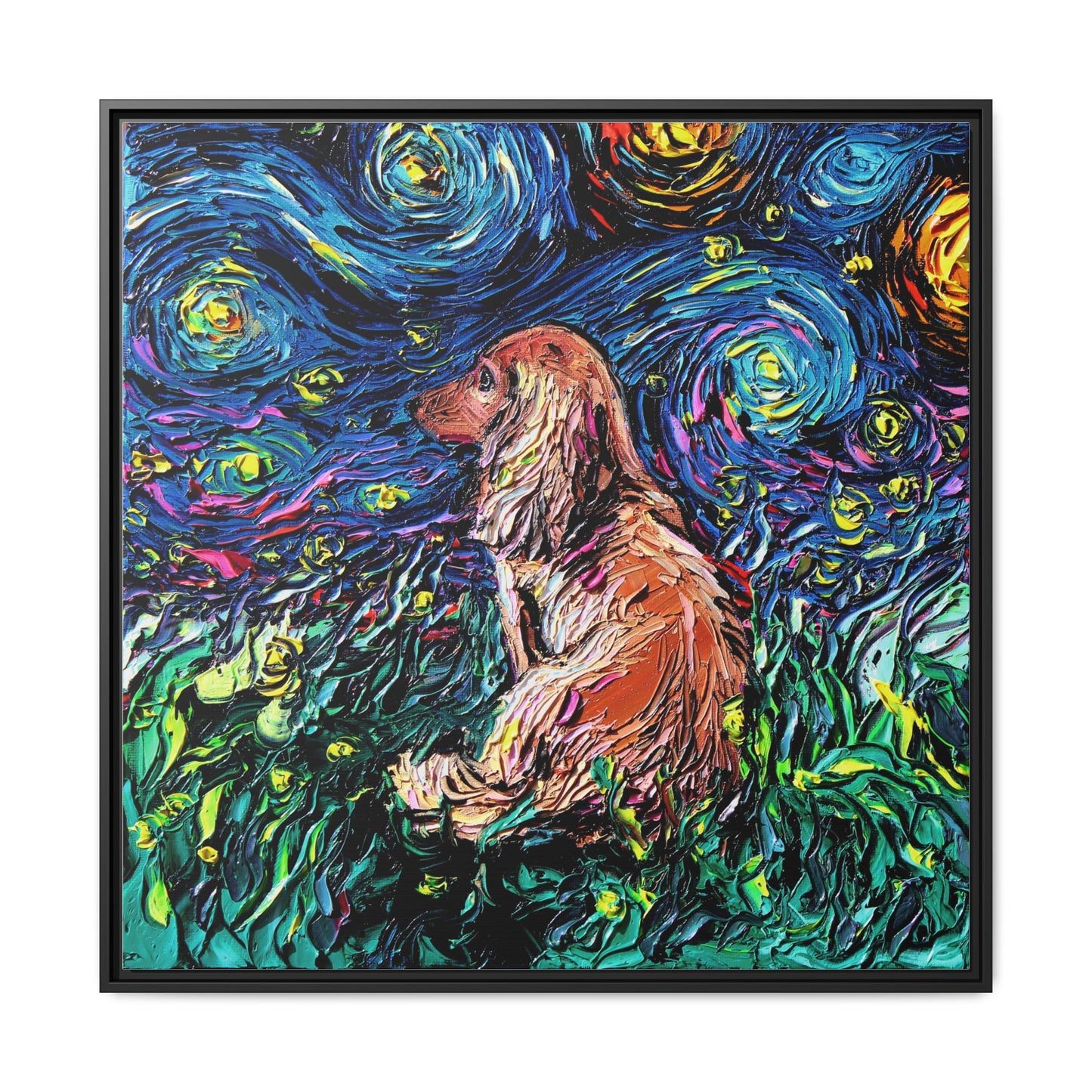 "Long Haired Brown Dachshund Night" Framed Canvas Wall Art