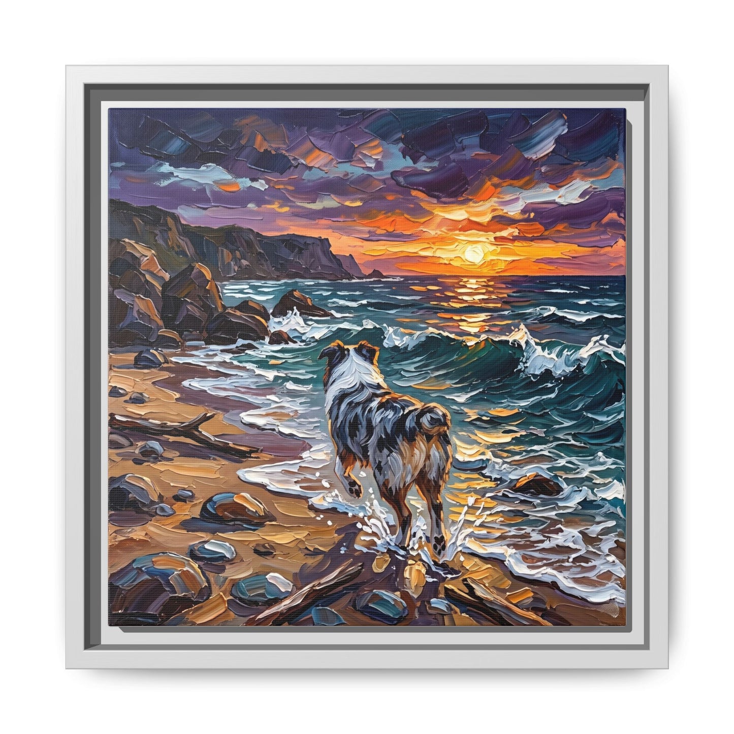 "Beach Day - Merle Aussie Shepherd" Framed Canvas Wall Art