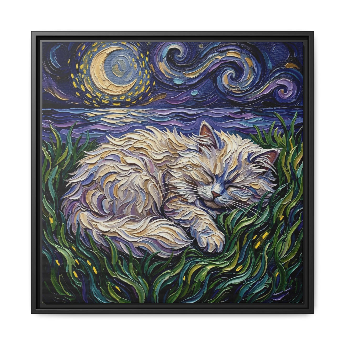 "Sleepy White Persian Night" Framed Canvas Wall Art