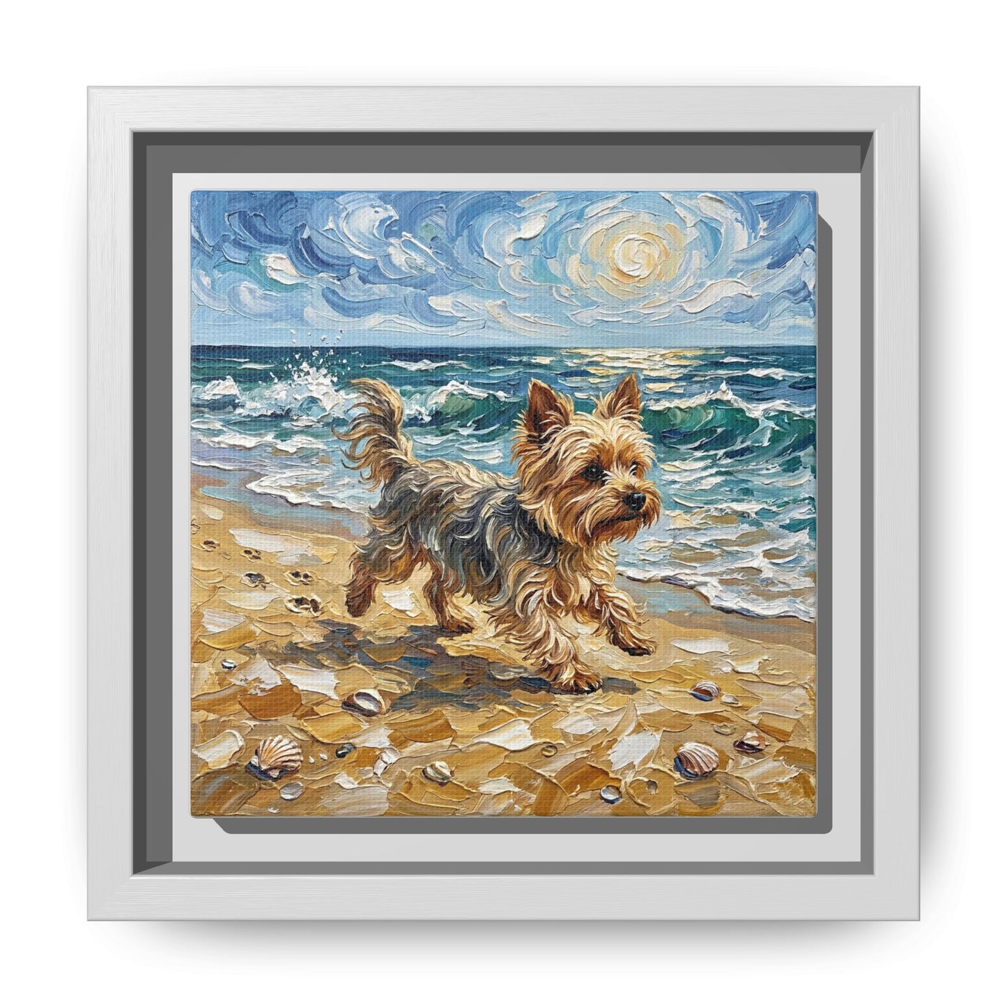 "Beach Day - Yorkie" Framed Canvas Wall Art