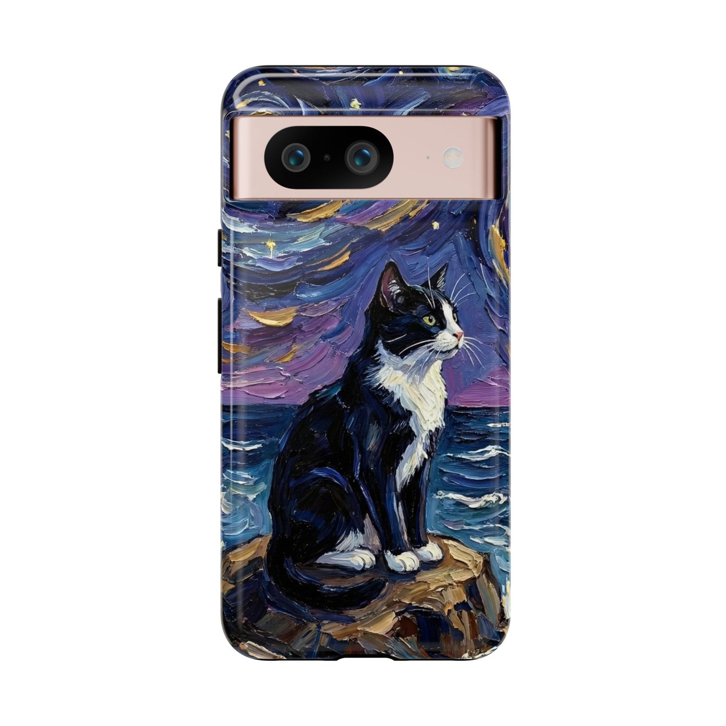 Tuxedo Cat Coastal Starry Night Art Phone Case