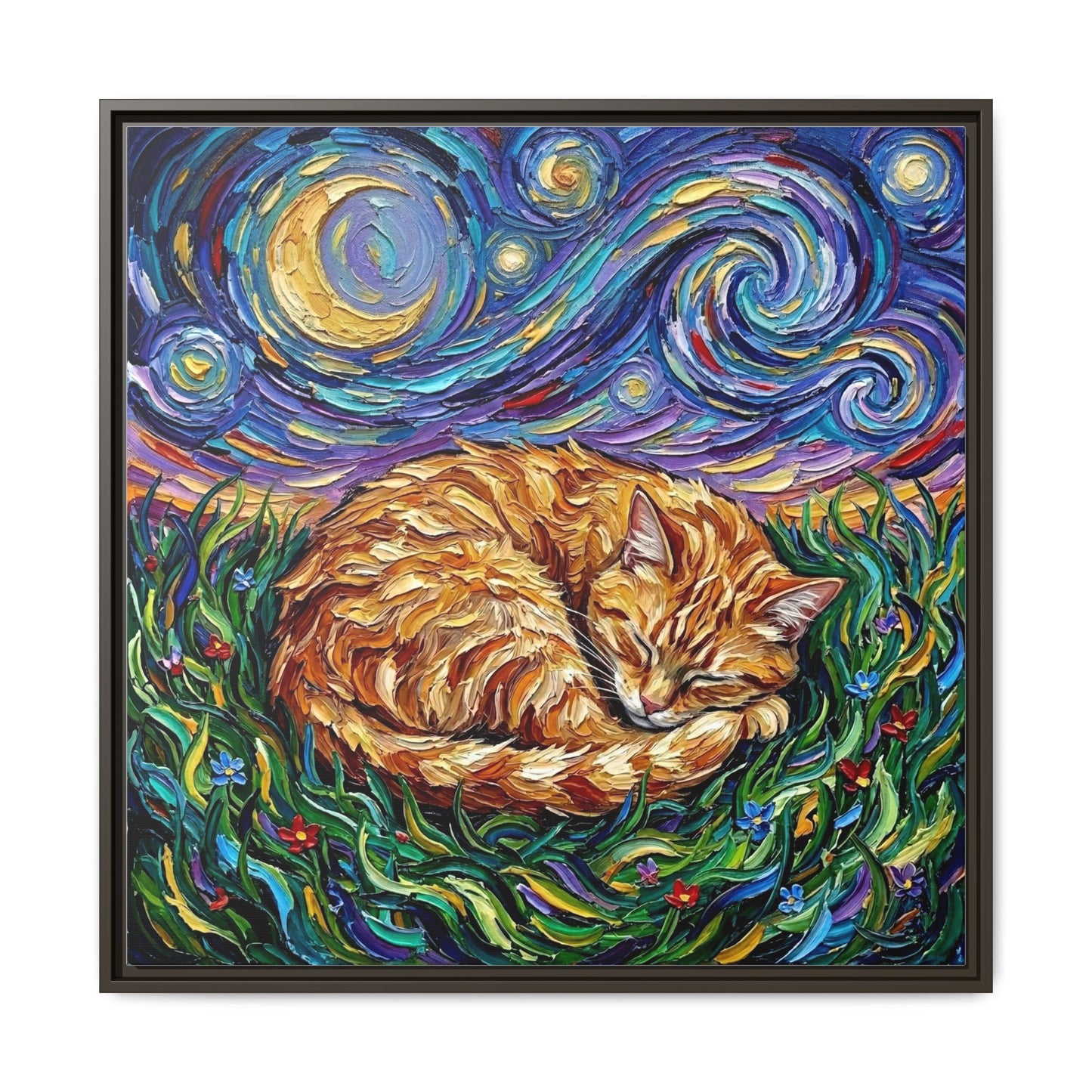 "Sleepy Orange Tabby Night" Framed Canvas Wall Art
