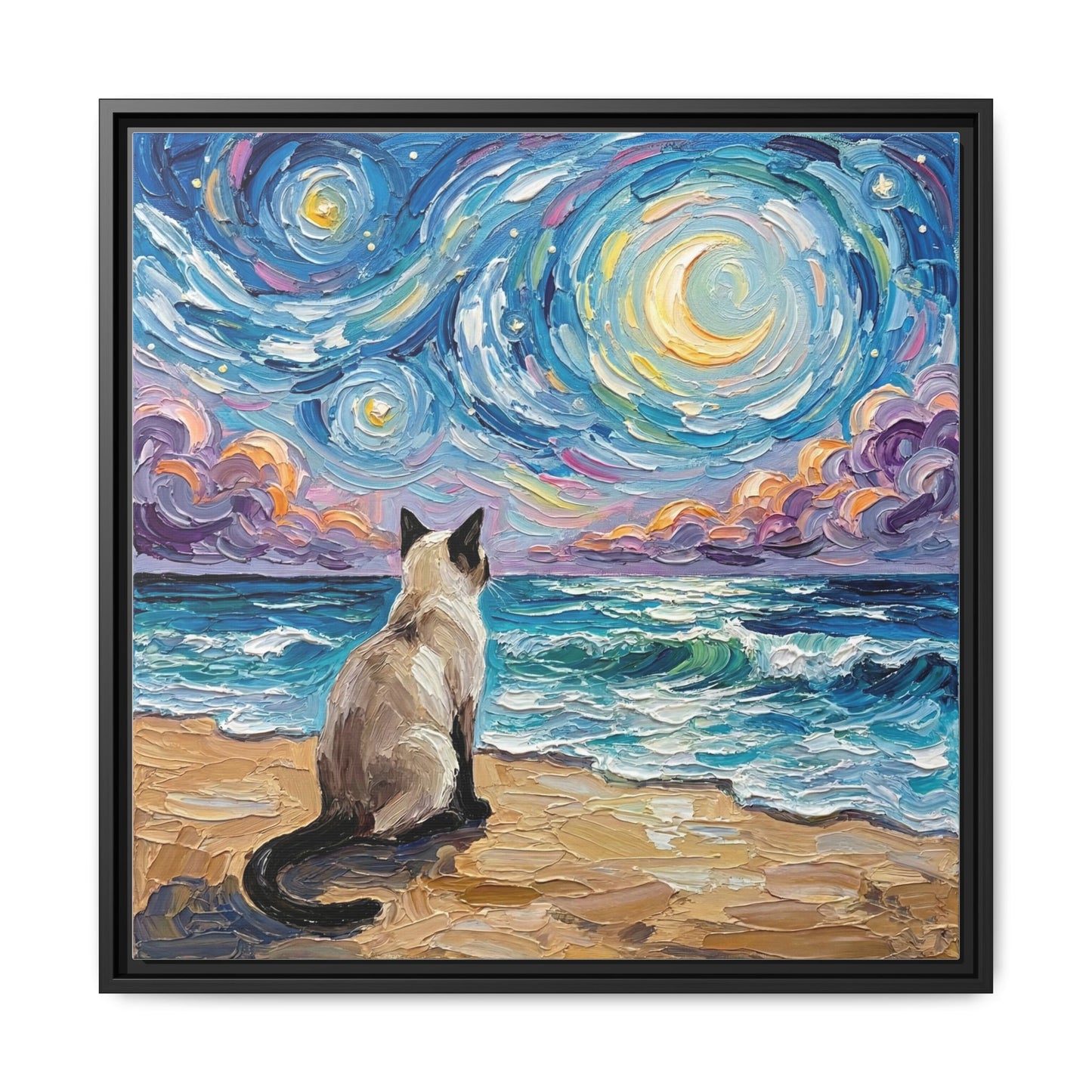 "Beach Night - Siamese Cat" Framed Canvas Wall Art