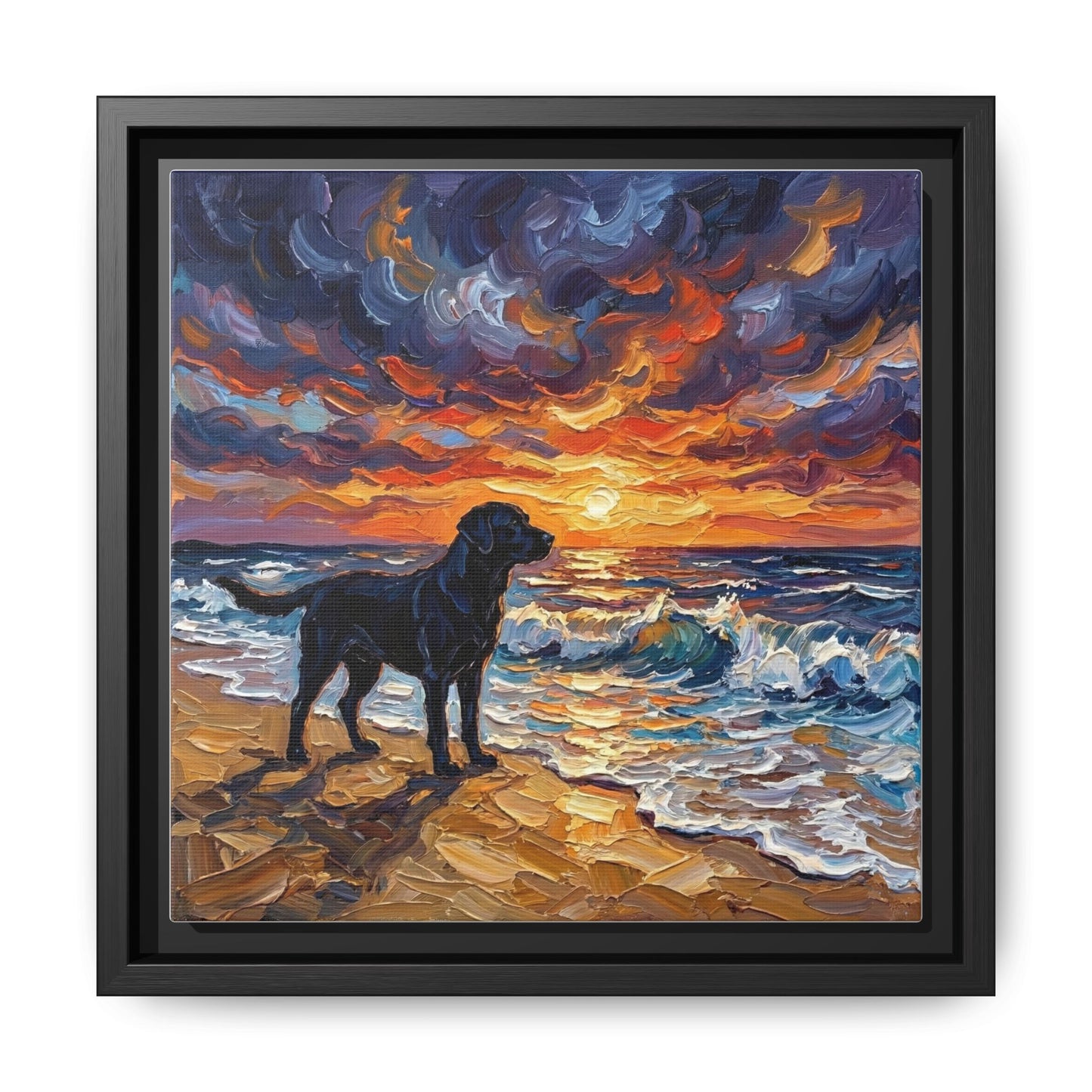 "Beach Sunset - Black Labrador" Framed Canvas Wall Art