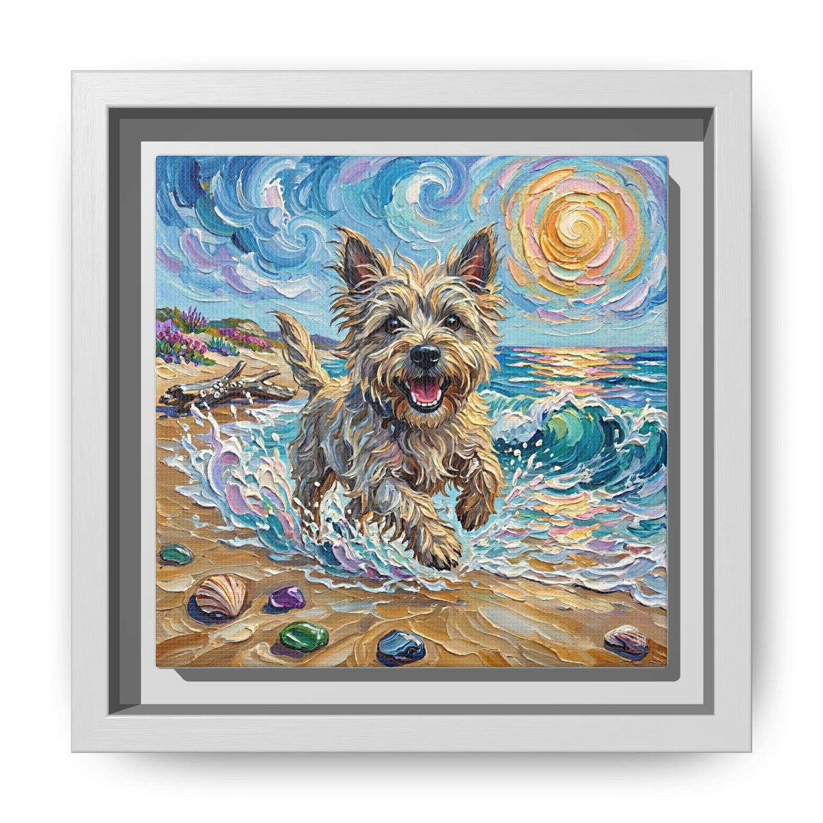 "Beach Days - Cairn Terrier" Framed Canvas Wall Art