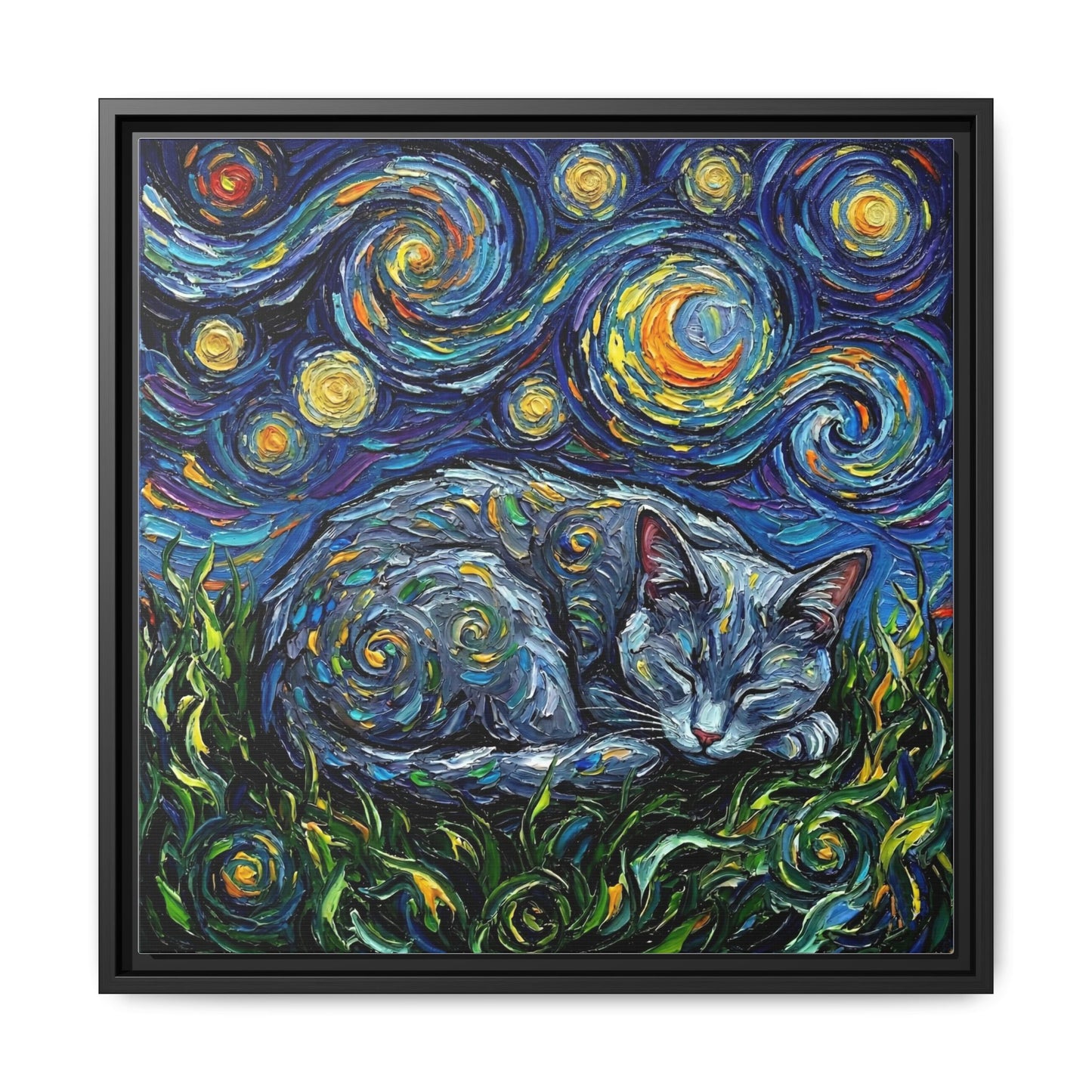 "Sleepy Korat Cat Night" Framed Canvas Wall Art