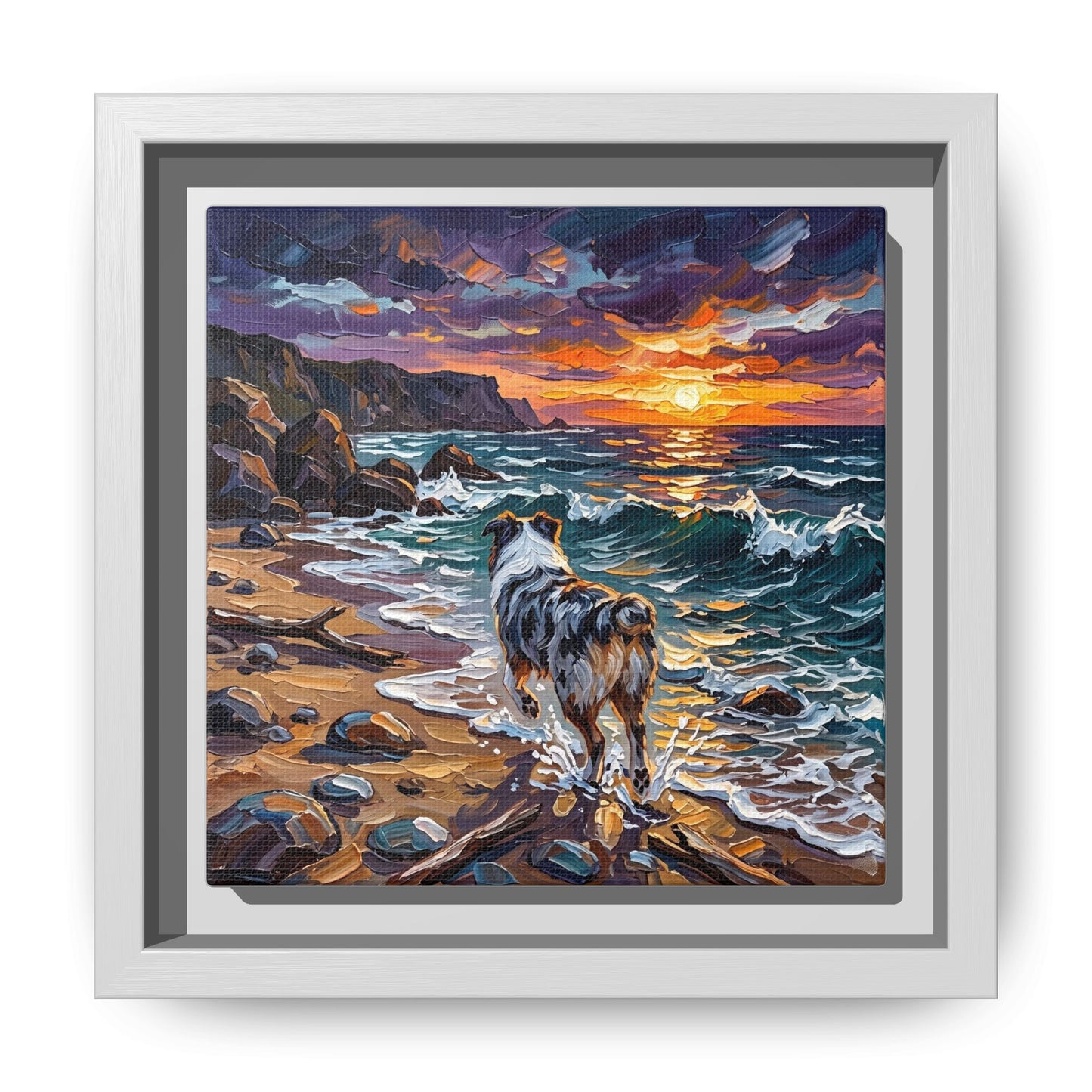 "Beach Day - Merle Aussie Shepherd" Framed Canvas Wall Art