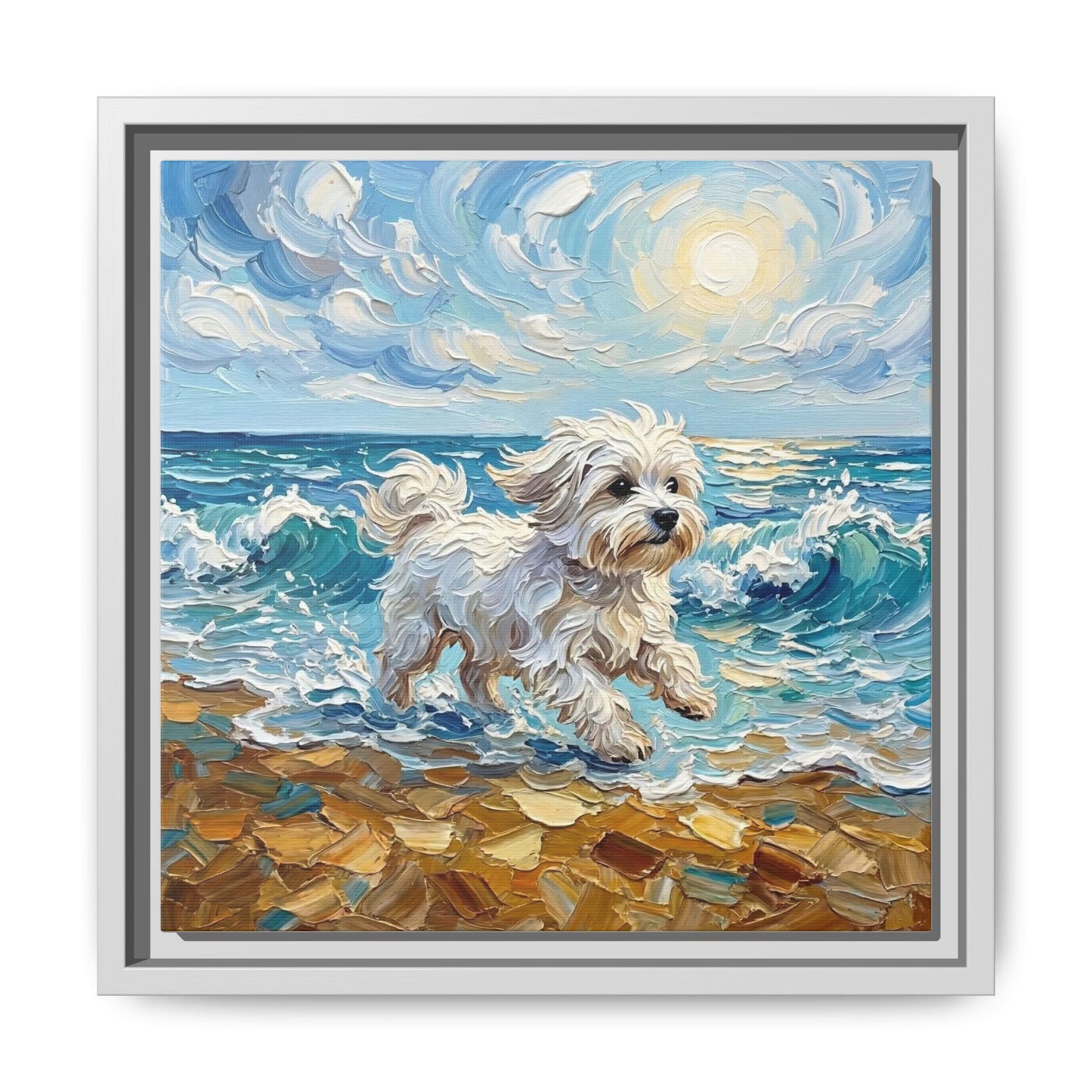 "Beach Day - Maltese" Framed Canvas Wall Art