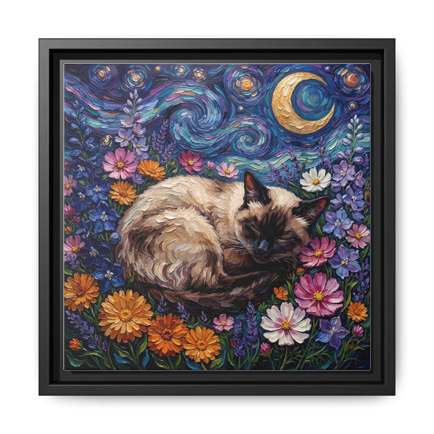 "Amongst The Flowers - Siamese Cat" Framed Canvas Wall Art