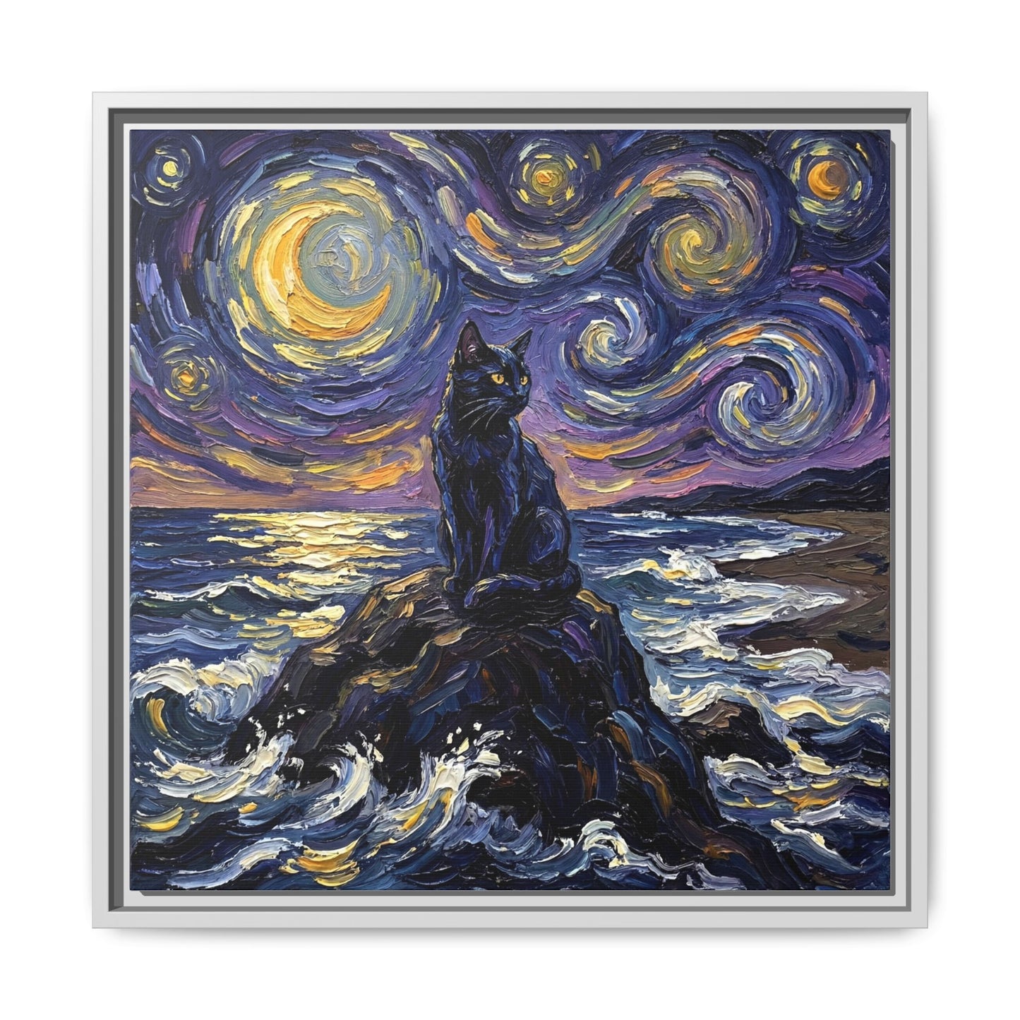 "Beach Night - Black Cat" Framed Canvas Wall Art