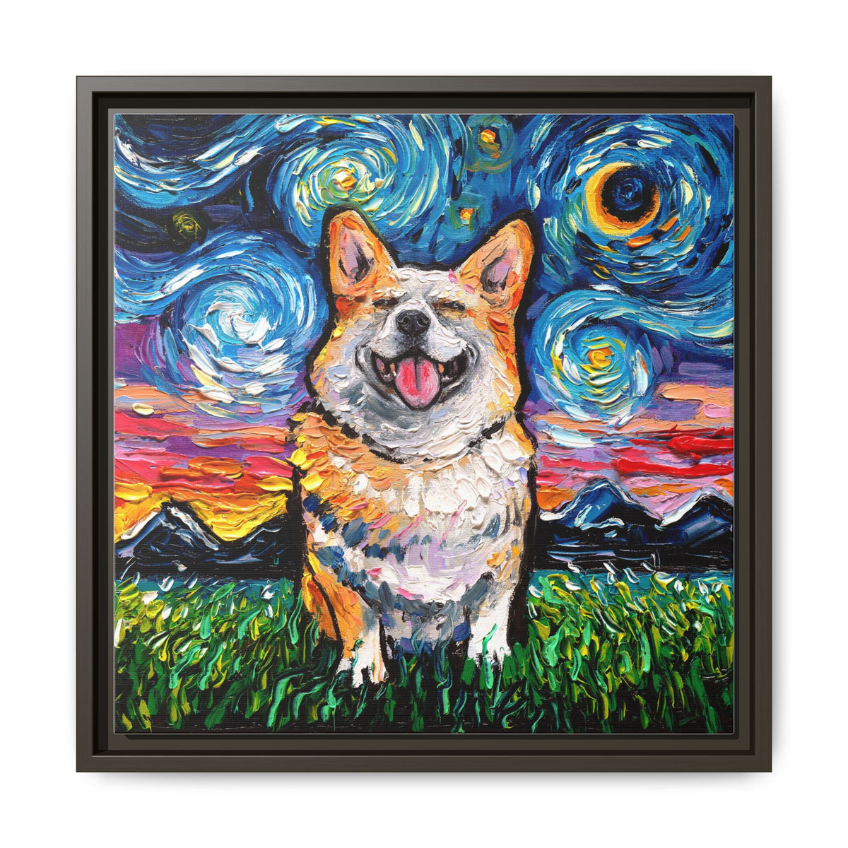 "Smiling Corgi Night" Framed Canvas Wall Art
