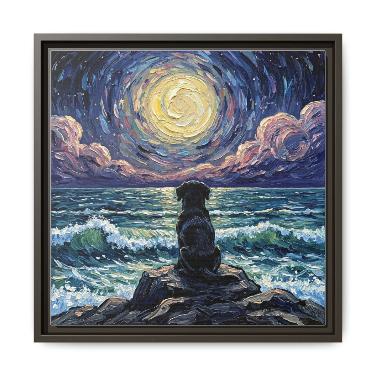 "Beach Night - Black Lab Puppy" Framed Canvas Wall Art