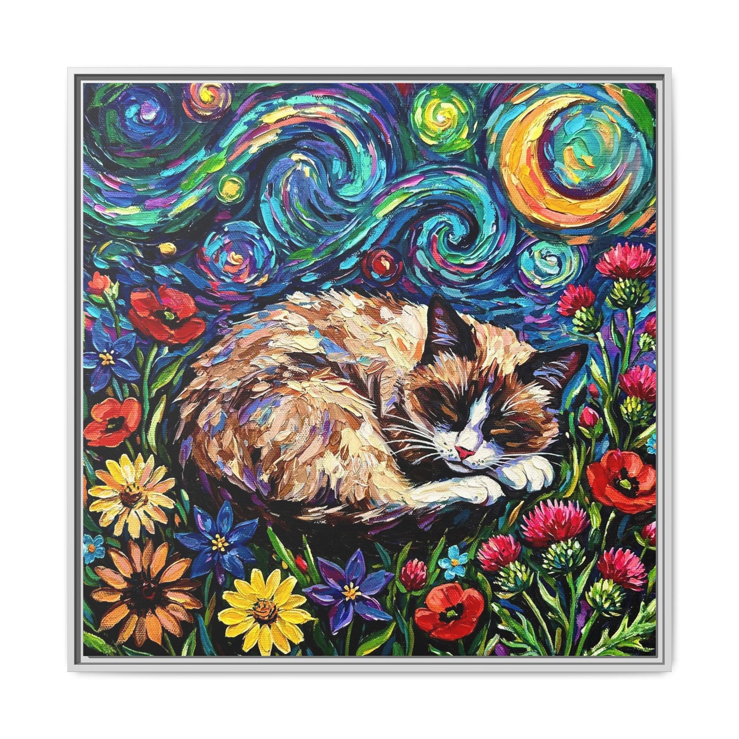 "Sleepy Snowshoe Cat Night" Framed Canvas Wall Art