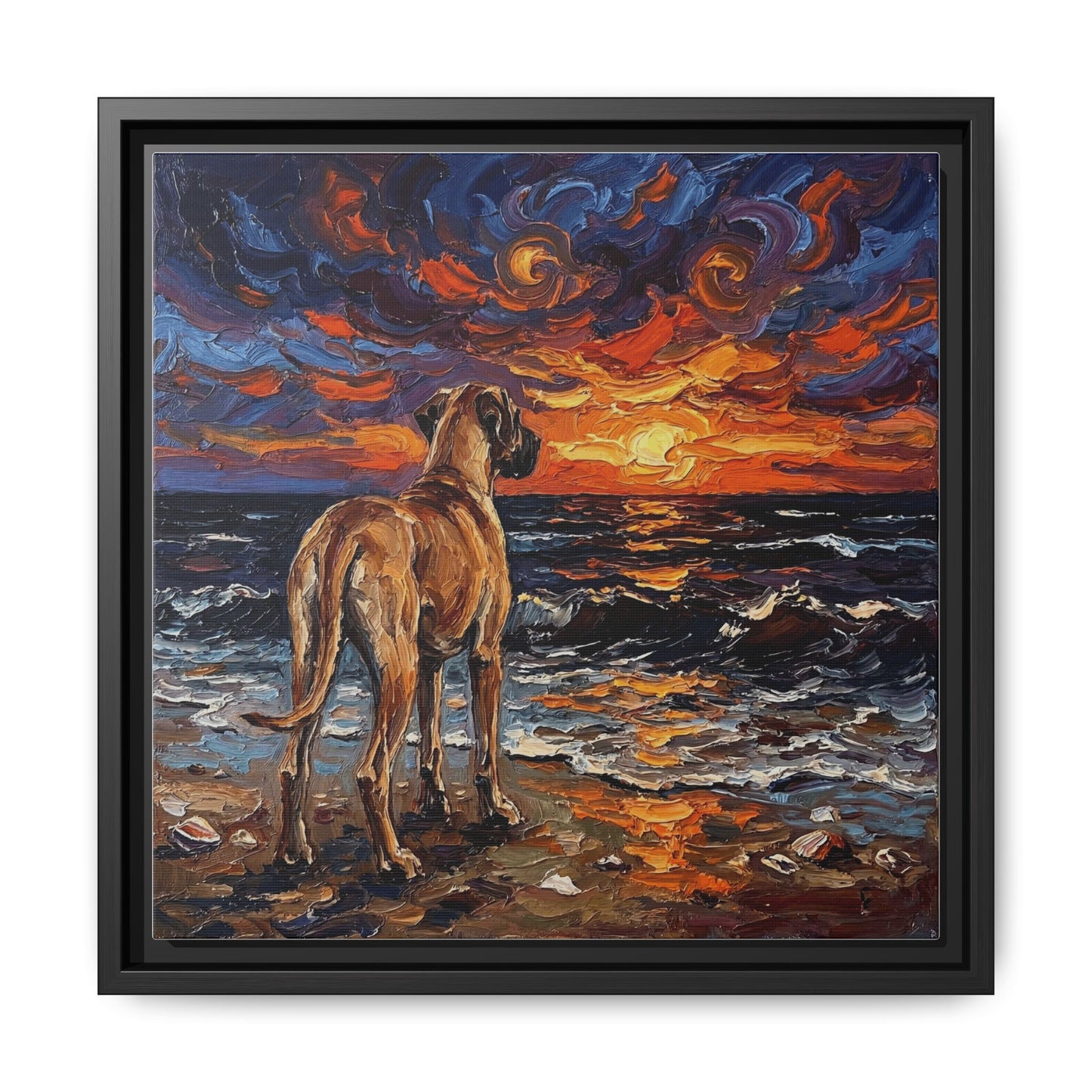 "Beach Sunset - Fawn Great Dane" Framed Canvas Wall Art