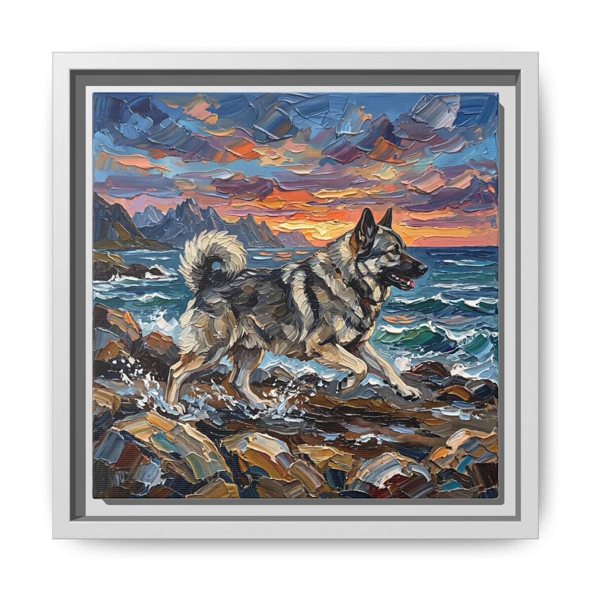 "Beach Days - Norwegian Elkhound" Framed Canvas Wall Art