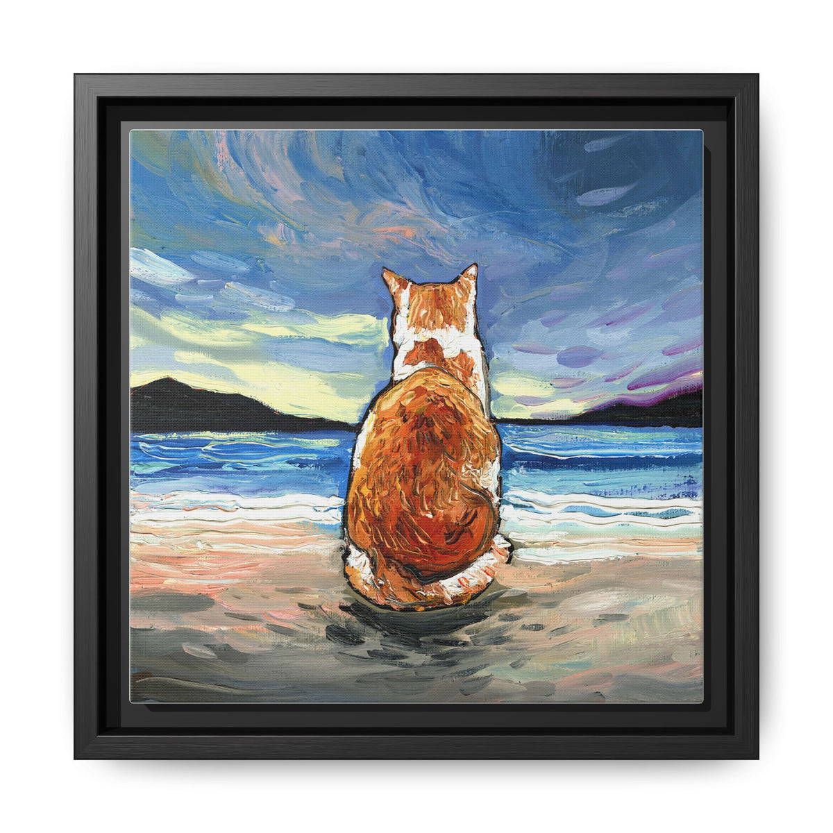 "Beach Day - Orange and White Tabby Cat" Framed Canvas Wall Art