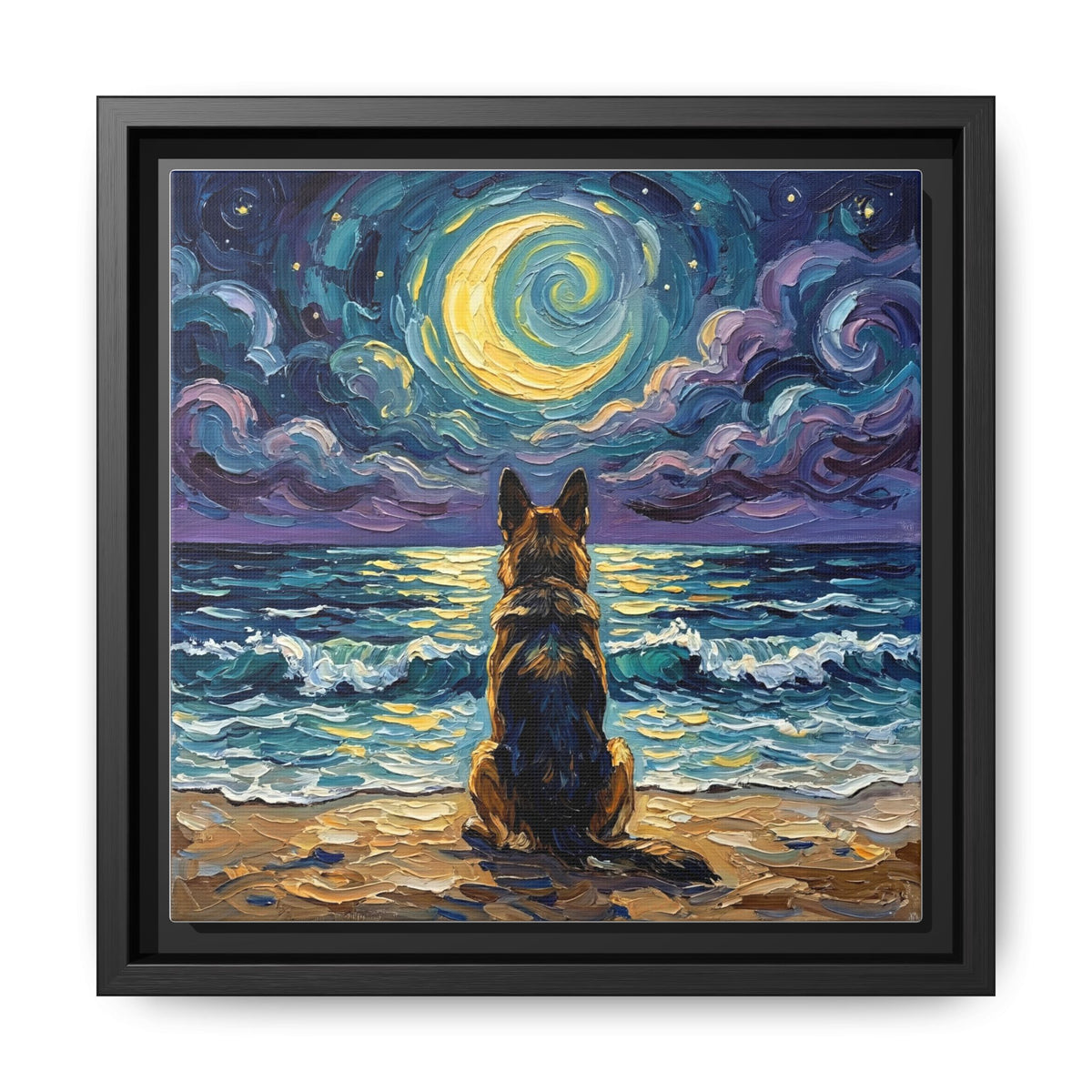"Beach Night - German Shepherd" Framed Canvas Wall Art