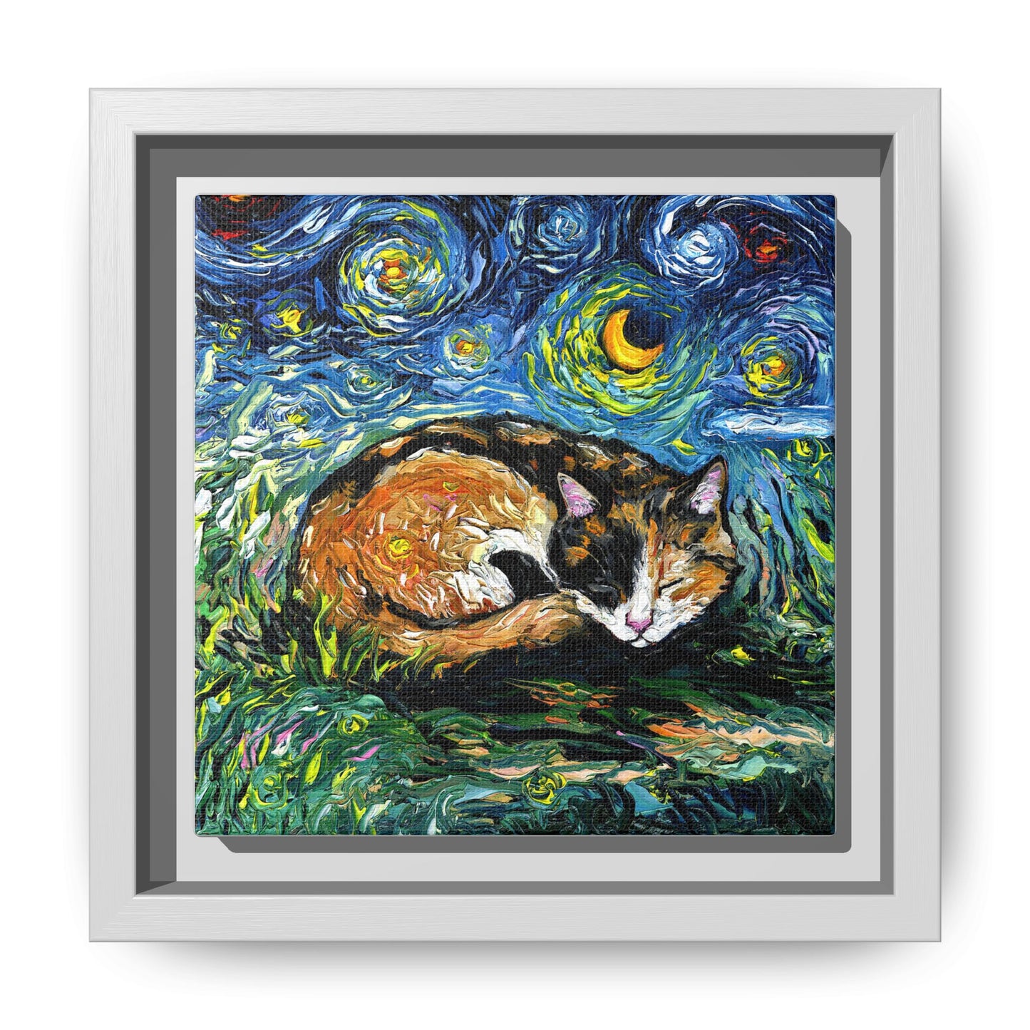 "Sleepy Calico Night" Framed Canvas Wall Art