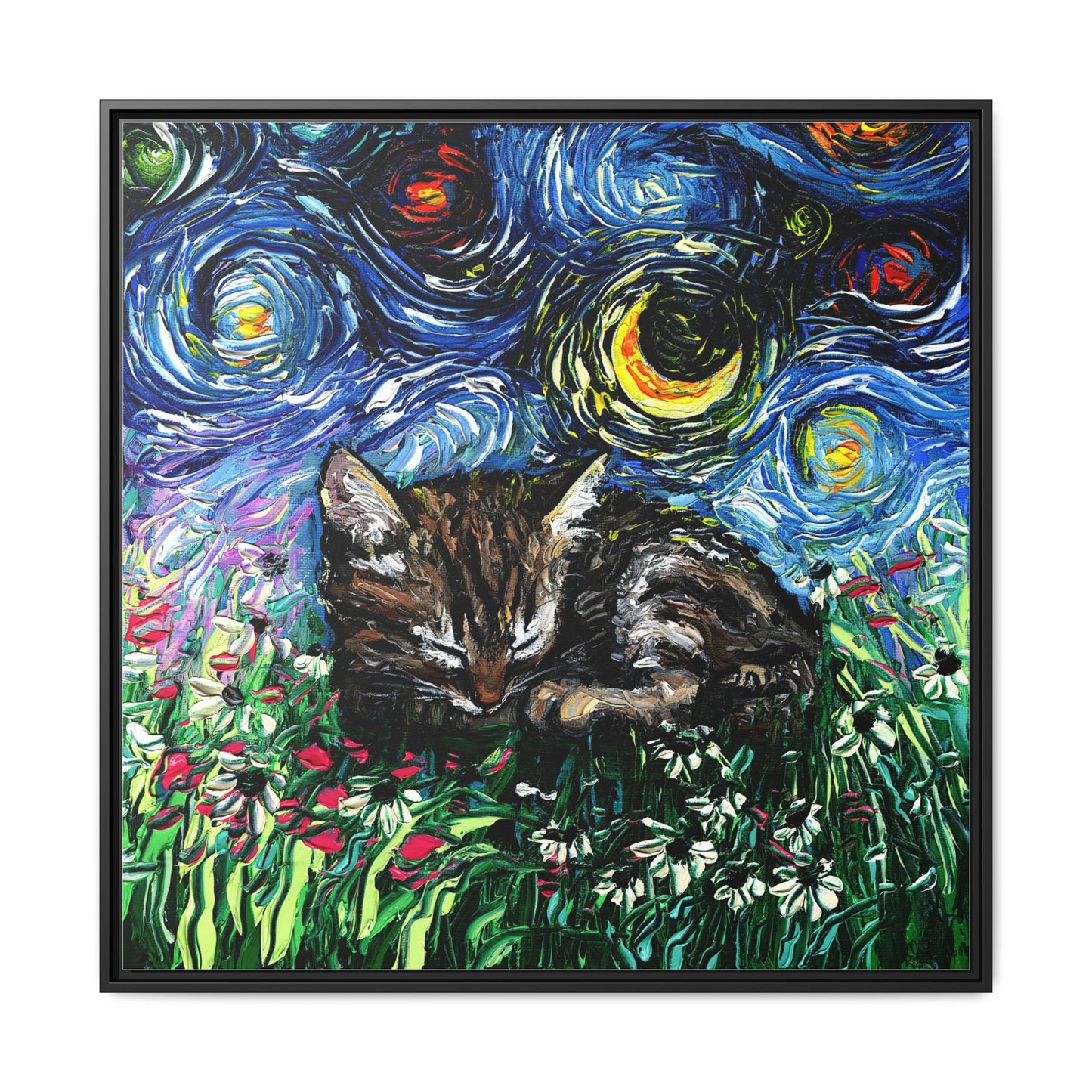 "Sleepy Tabby Kitten Night" Framed Canvas Wall Art