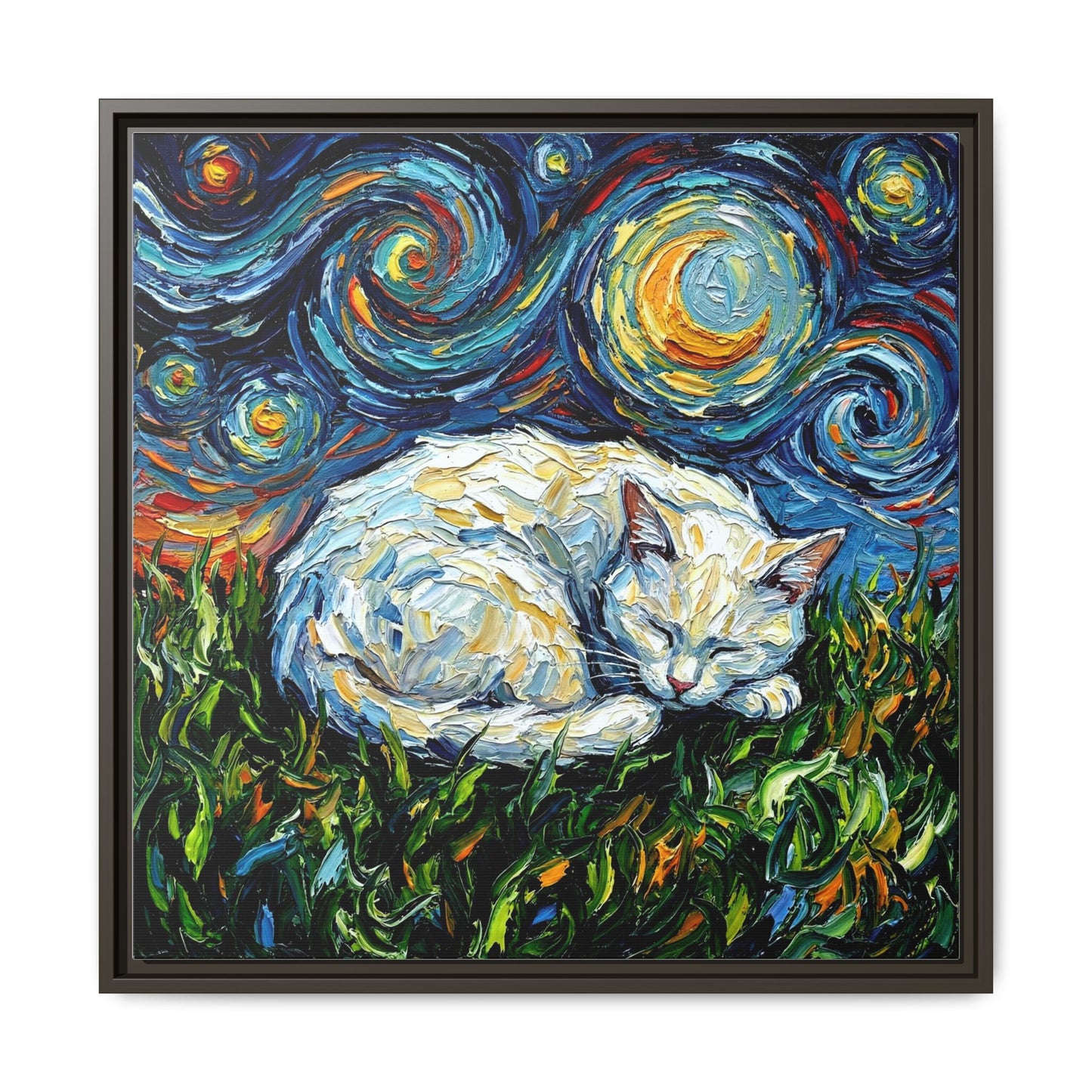 "Sleepy White Cat Night" Framed Canvas Wall Art