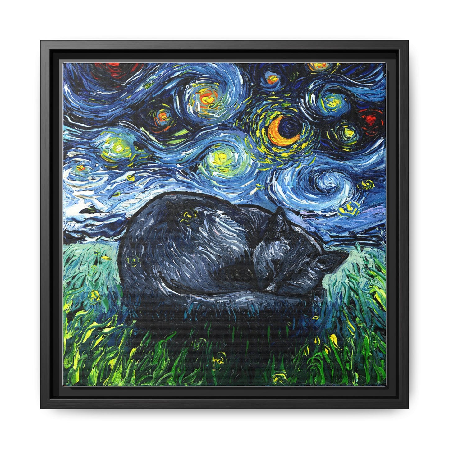 "Sleepy Black Cat Night" Framed Canvas Wall Art