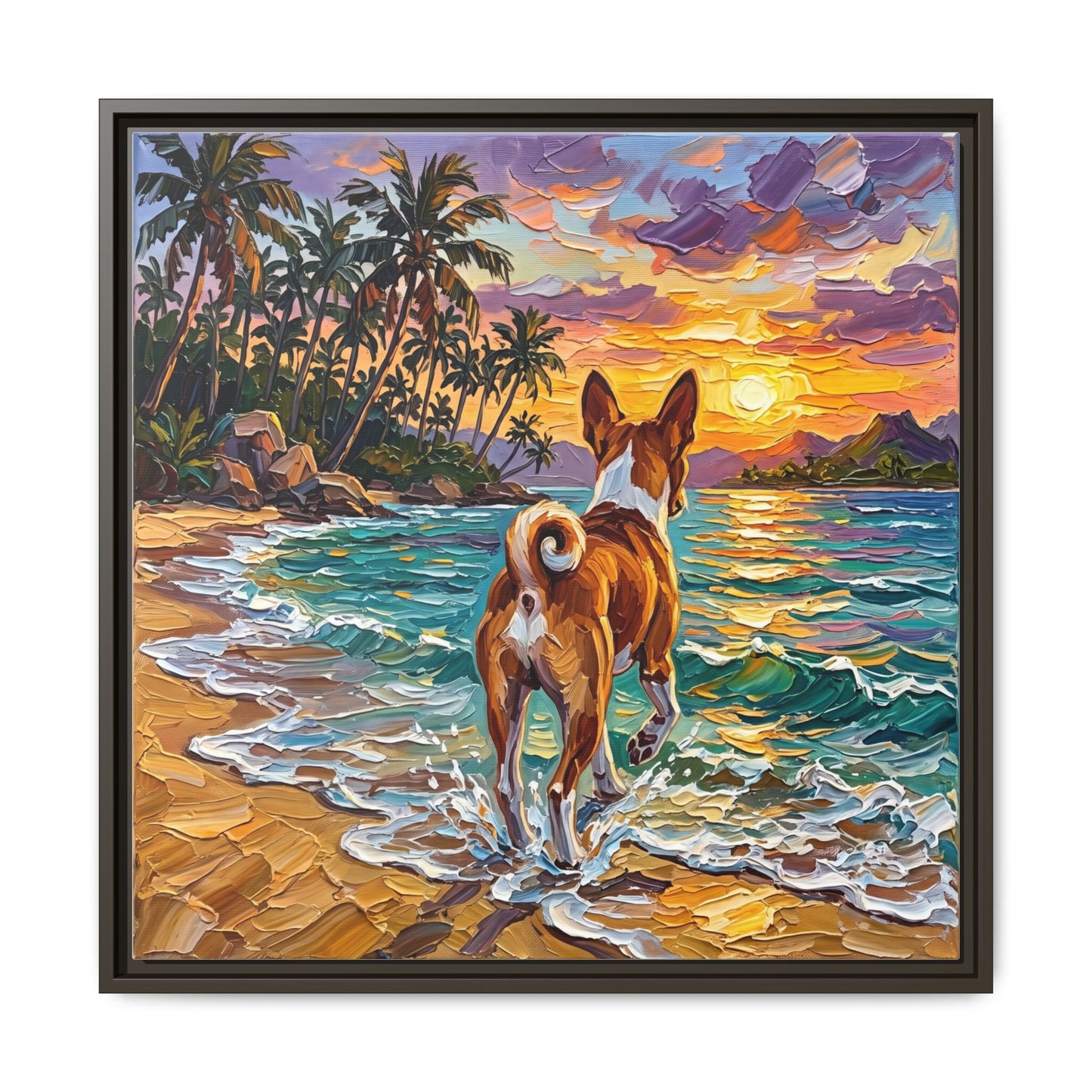 "Beach Day - Basenji" Framed Canvas Wall Art