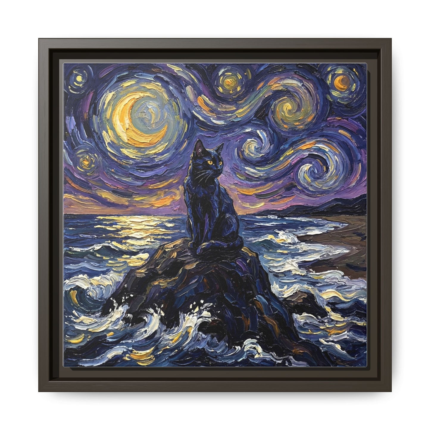 "Beach Night - Black Cat" Framed Canvas Wall Art