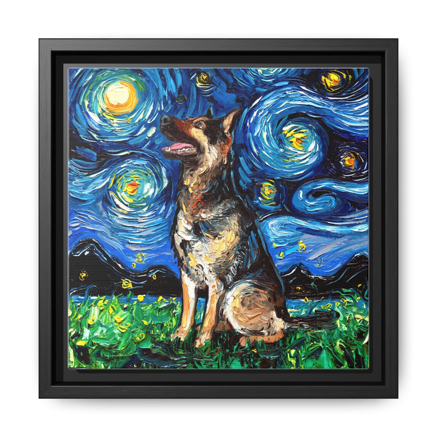 "German Shepherd Night" Framed Canvas Wall Art