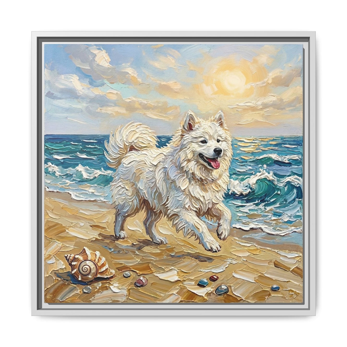 "Beach Day - Samoyed" Framed Canvas Wall Art